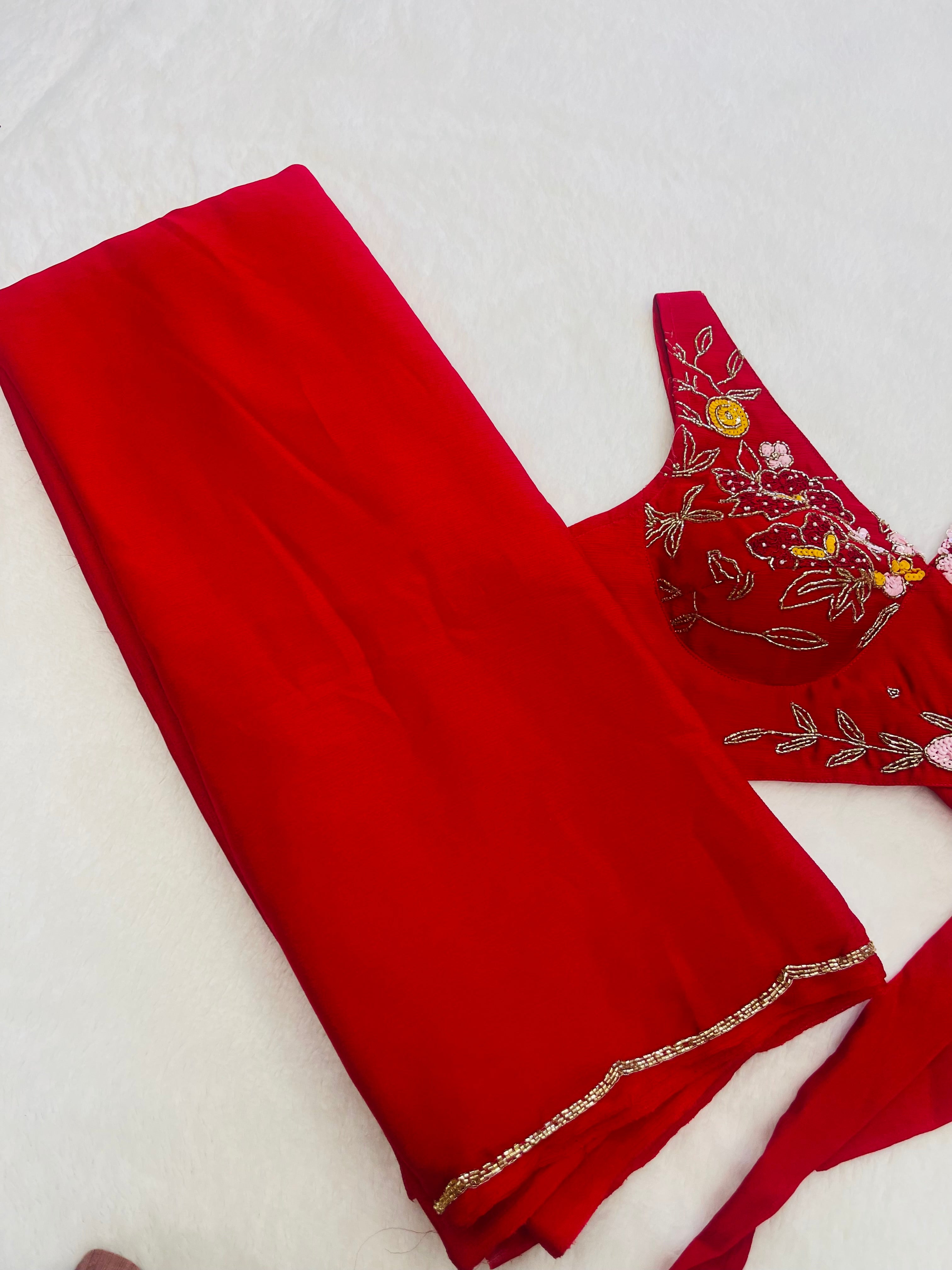 Roop Sundari Red Chinon Handwork Saree With Blouse