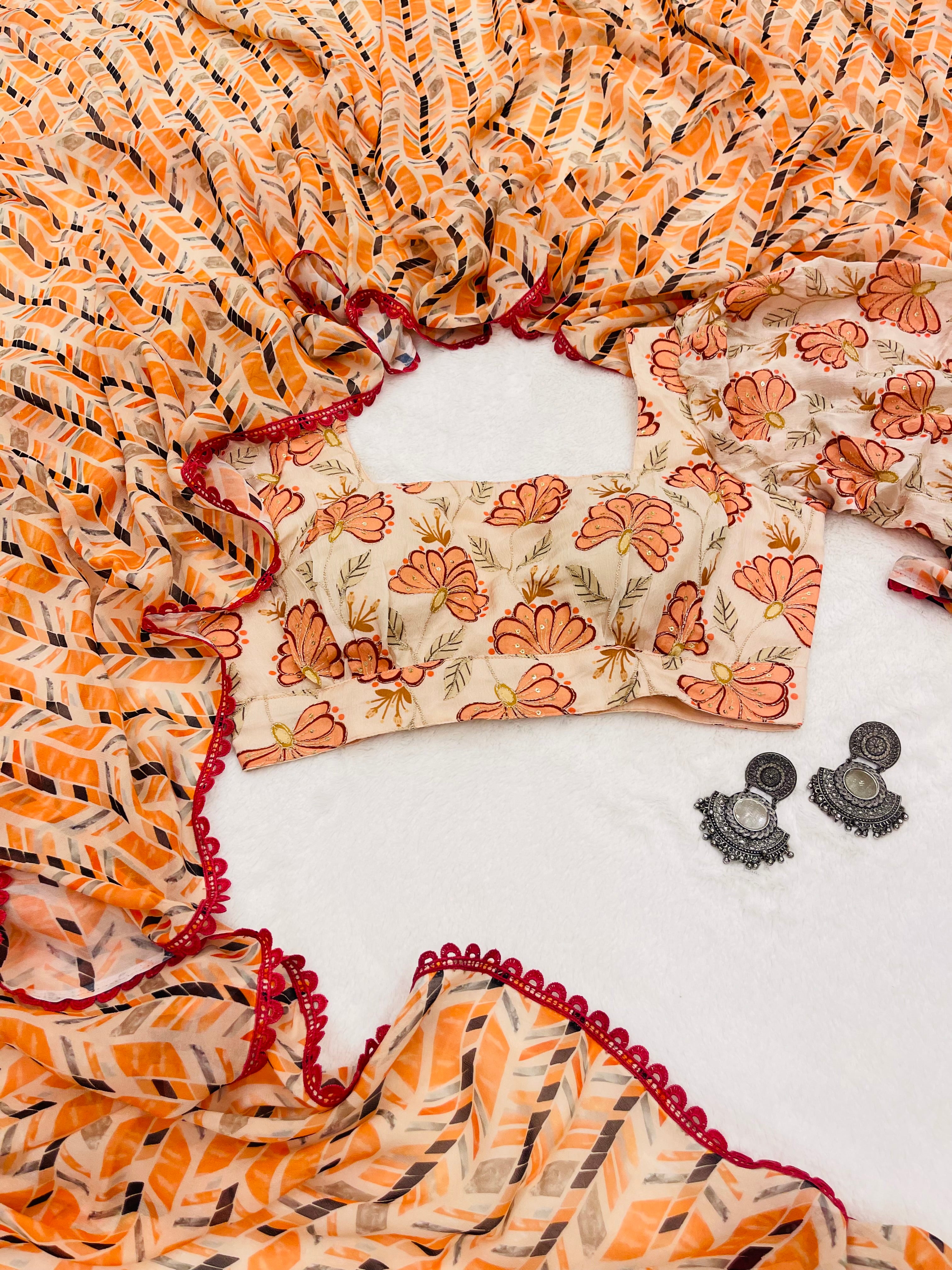 Rust multi color floral print georgette saree