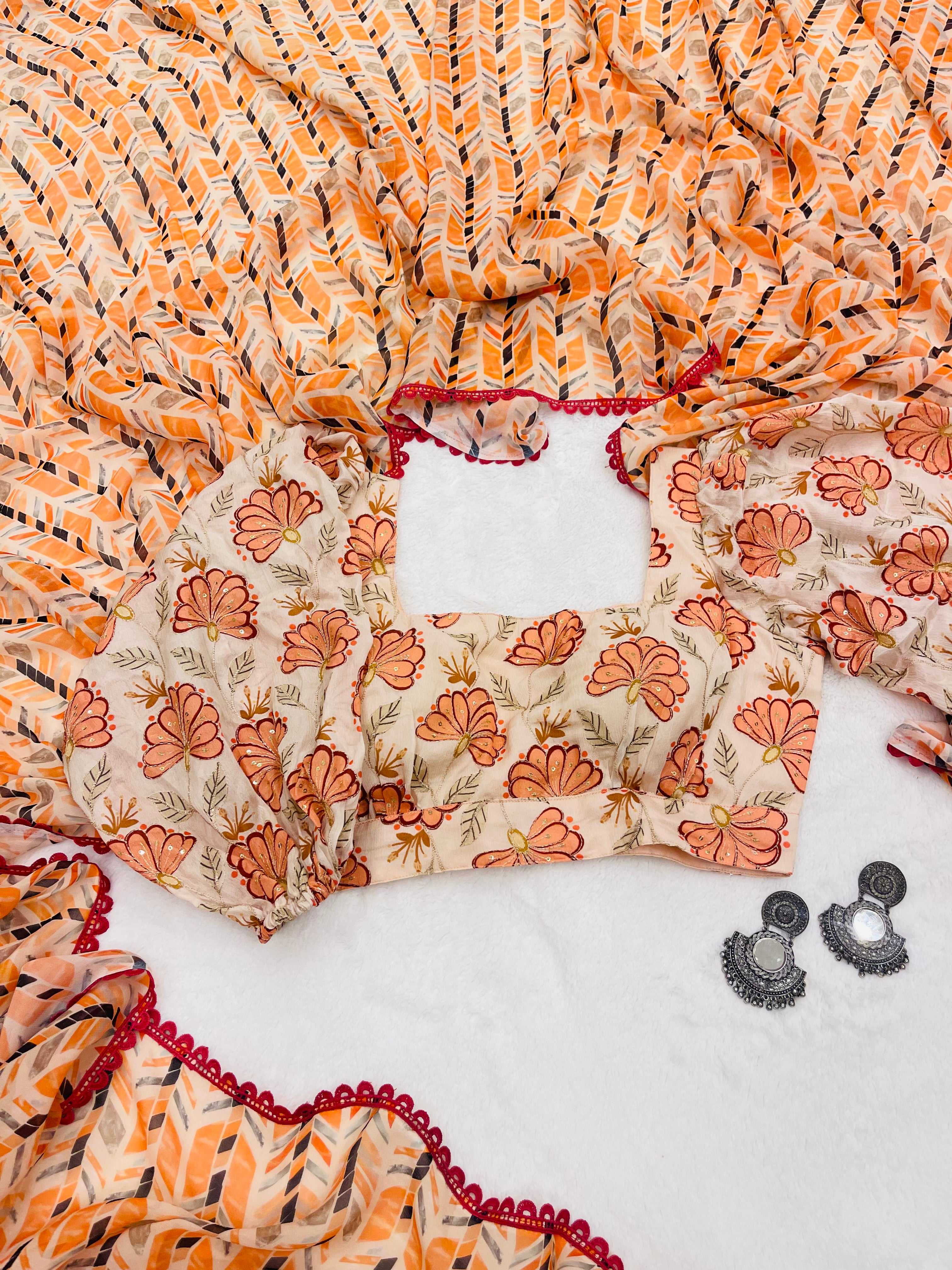 Rust multi color floral print georgette saree