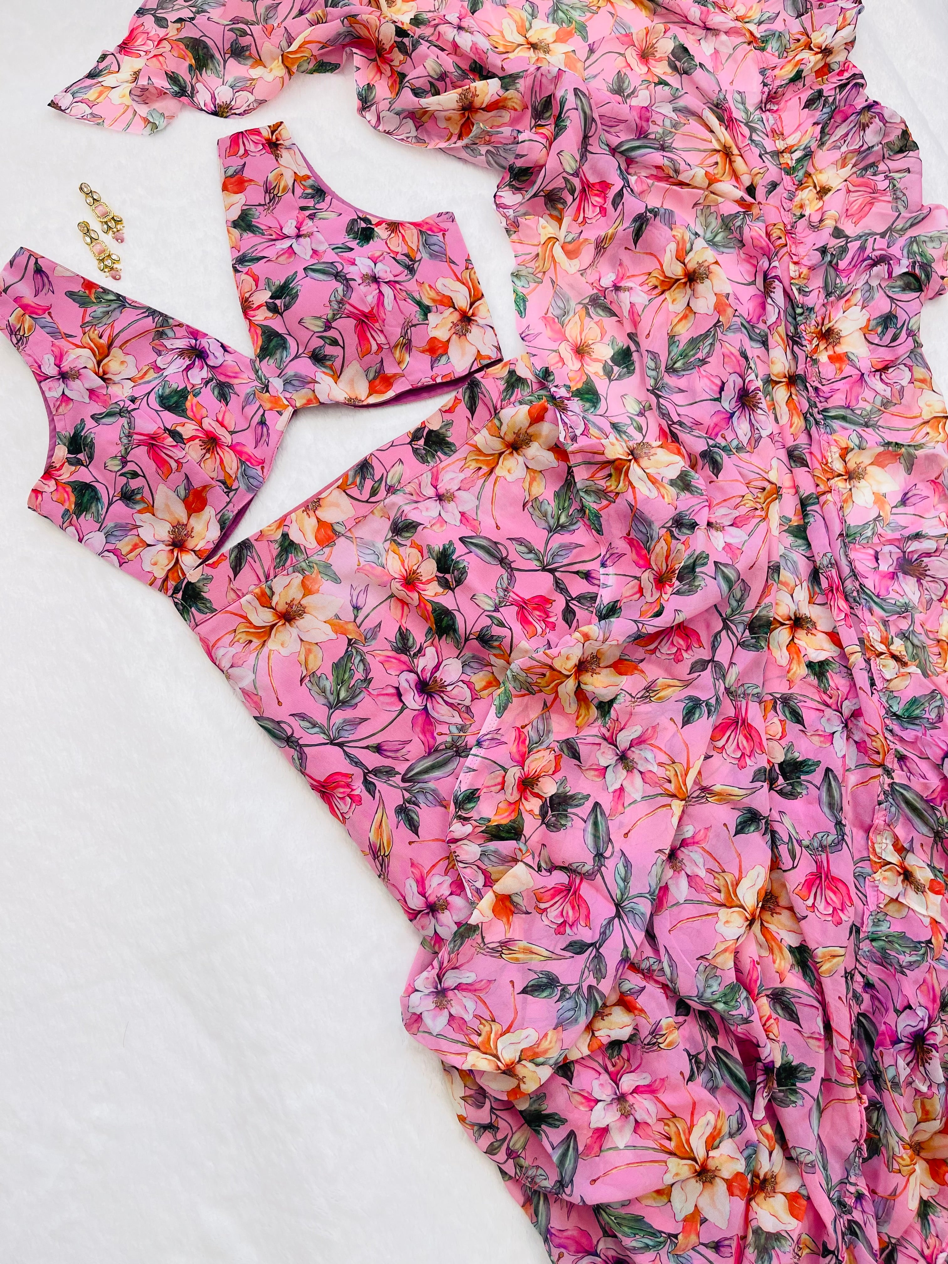 Baby pink Georgette pre-stitched saree with stitched blouse ready to wear for festive and occasions