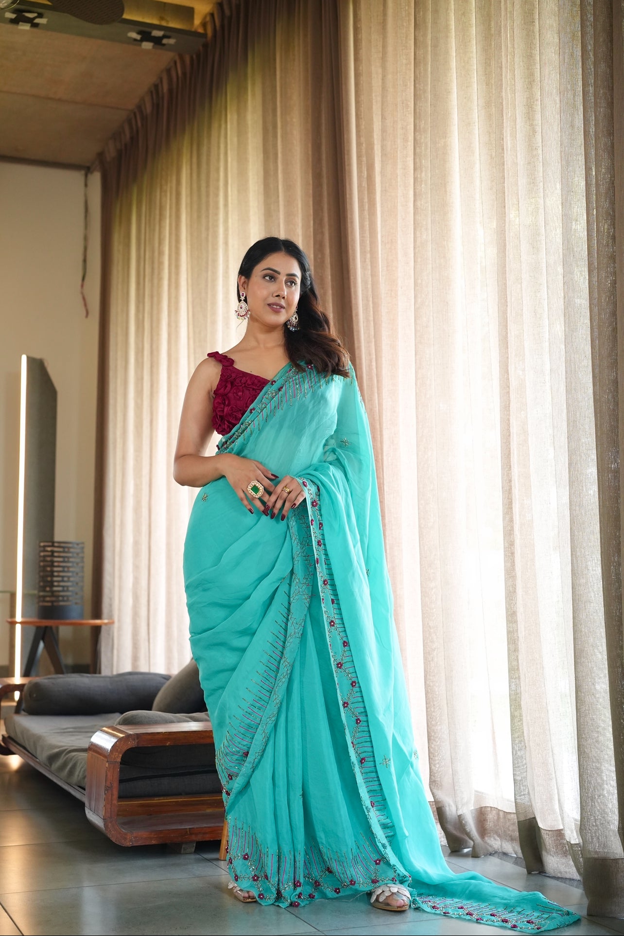Designer blue soft organza saree with handcrafted embroidery