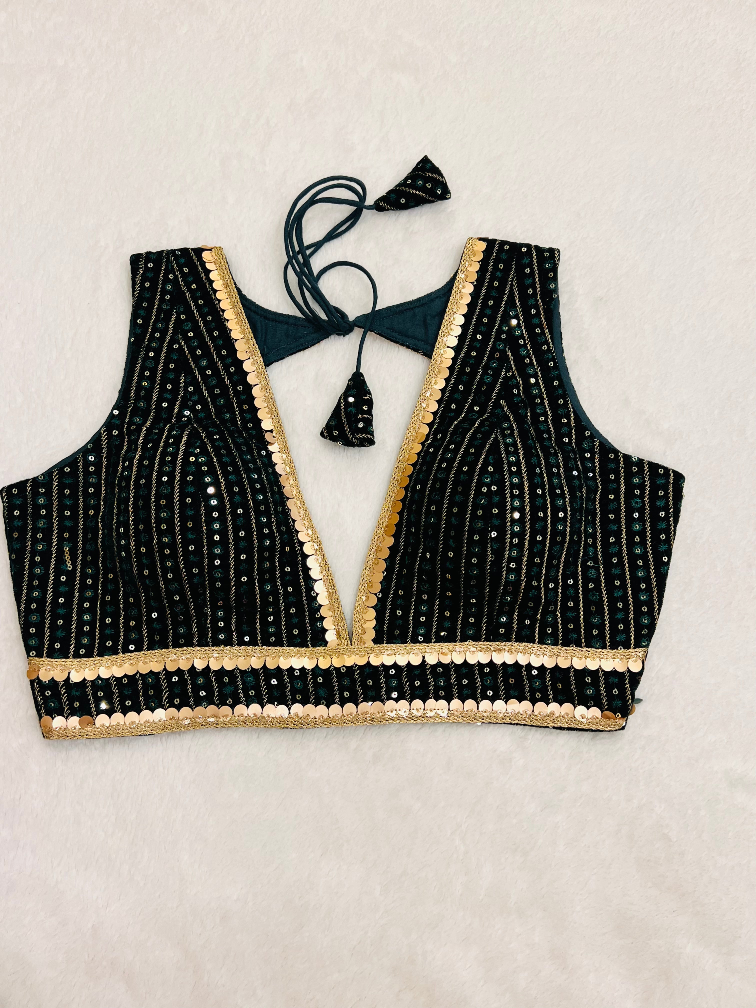 Dark green velvet sleeveless V-neck padded blouse