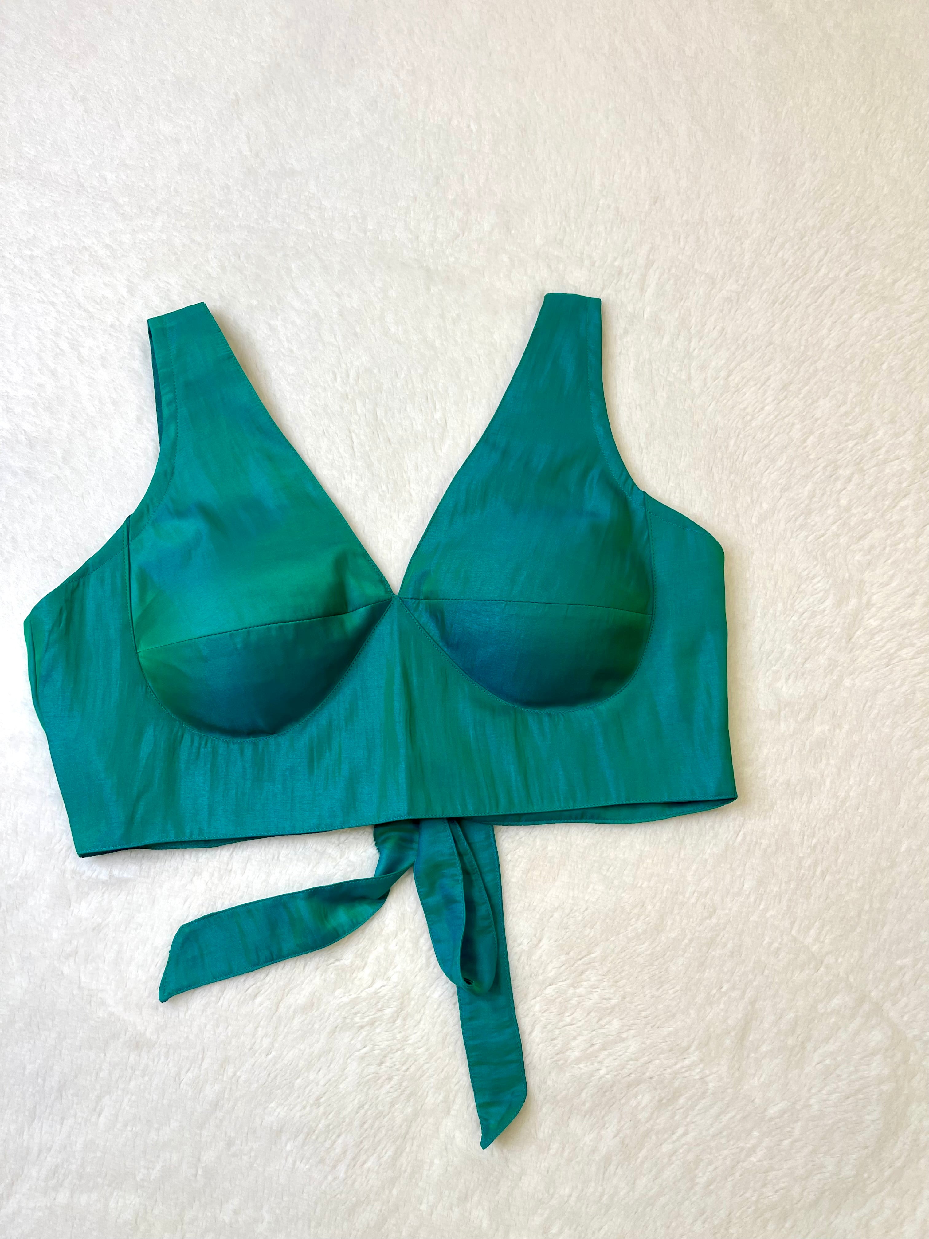 Dual shade green cotton silk sleeveless blouse with padded cups and V-neck design