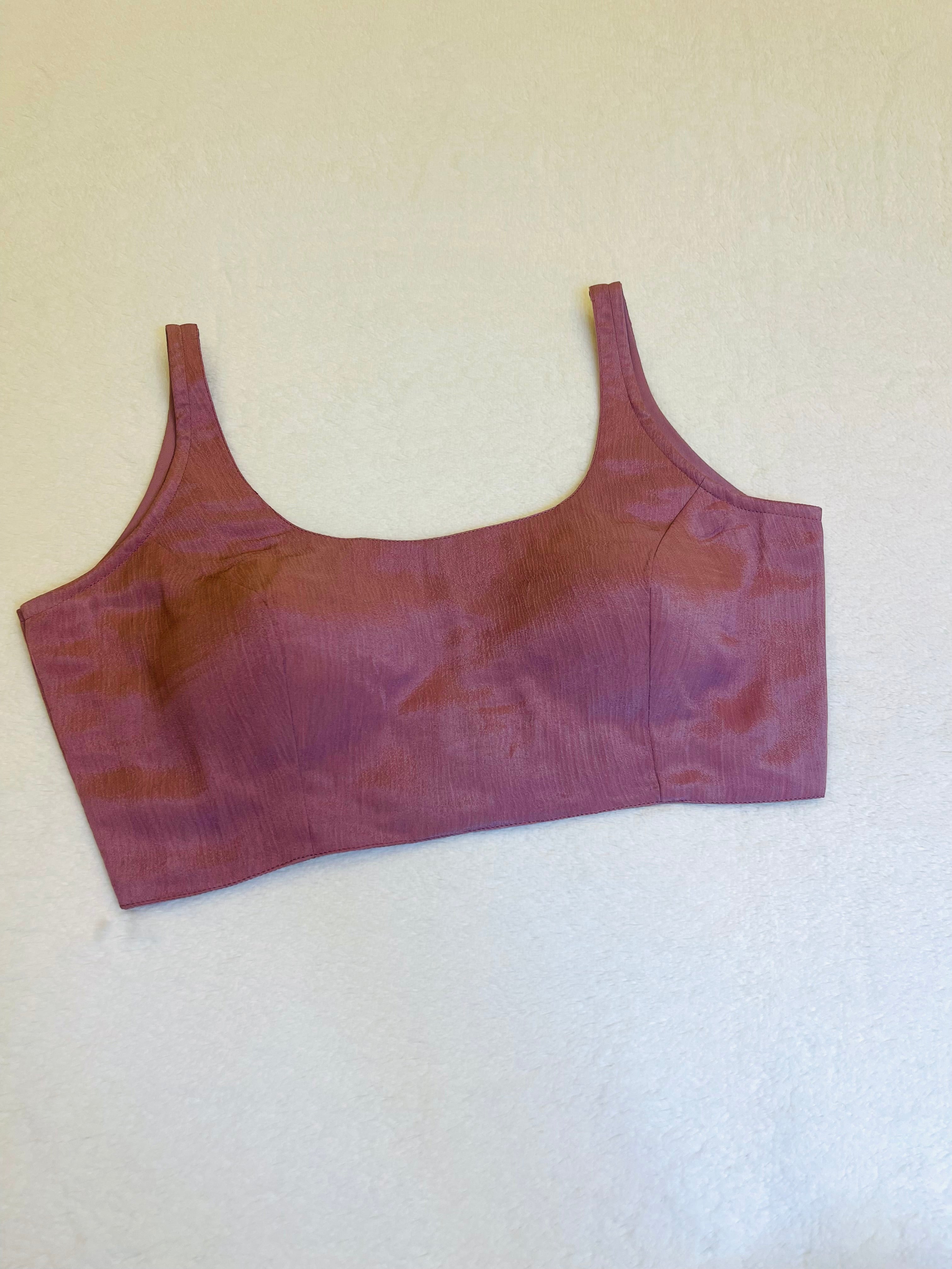 Dusty purple chiffon sleeveless padded blouse with round neckline – fully stitched women’s ethnic top on flat background