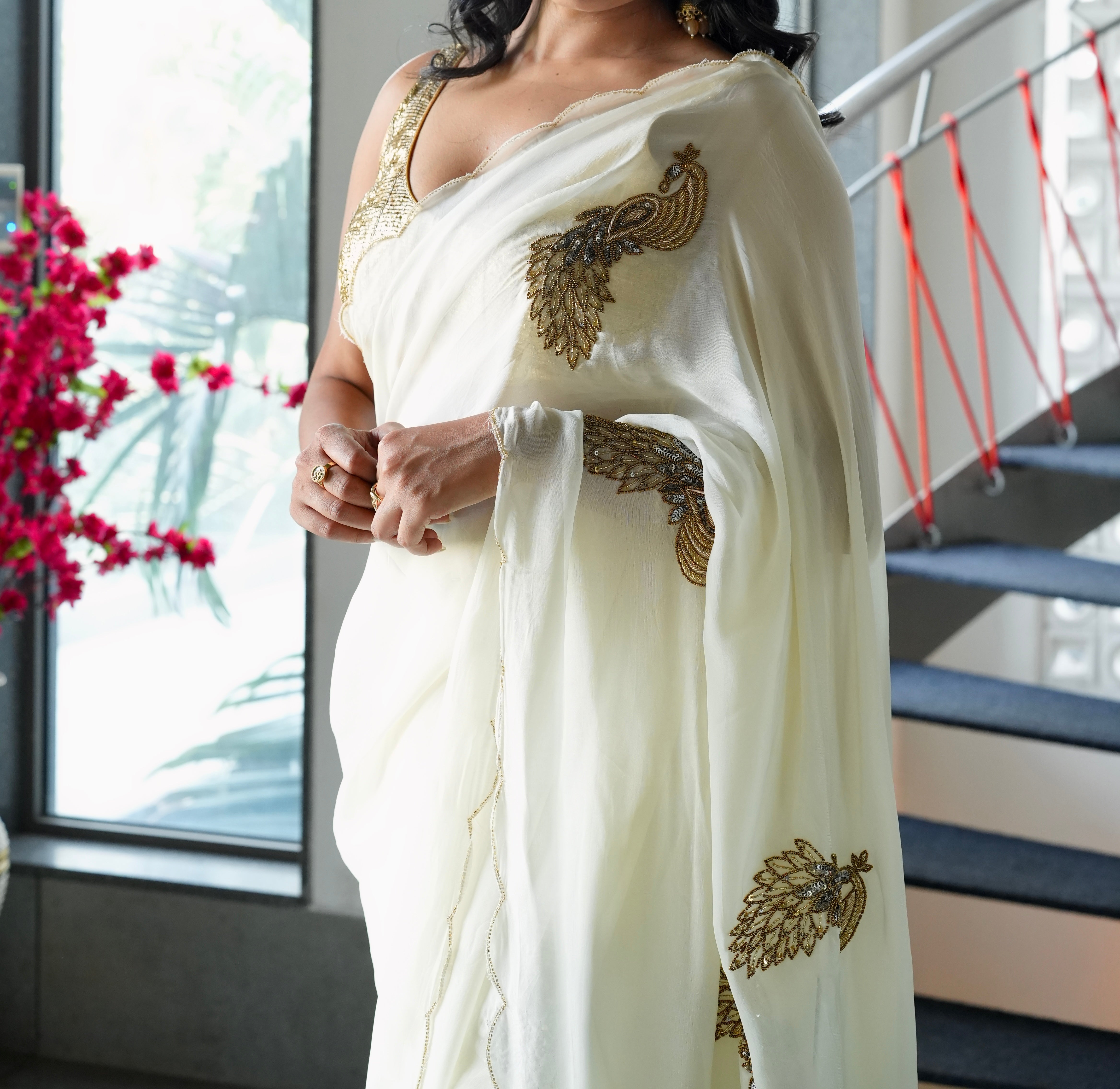 Off-White Hand-Embroidered Organza Saree with Golden Peacock Motifs