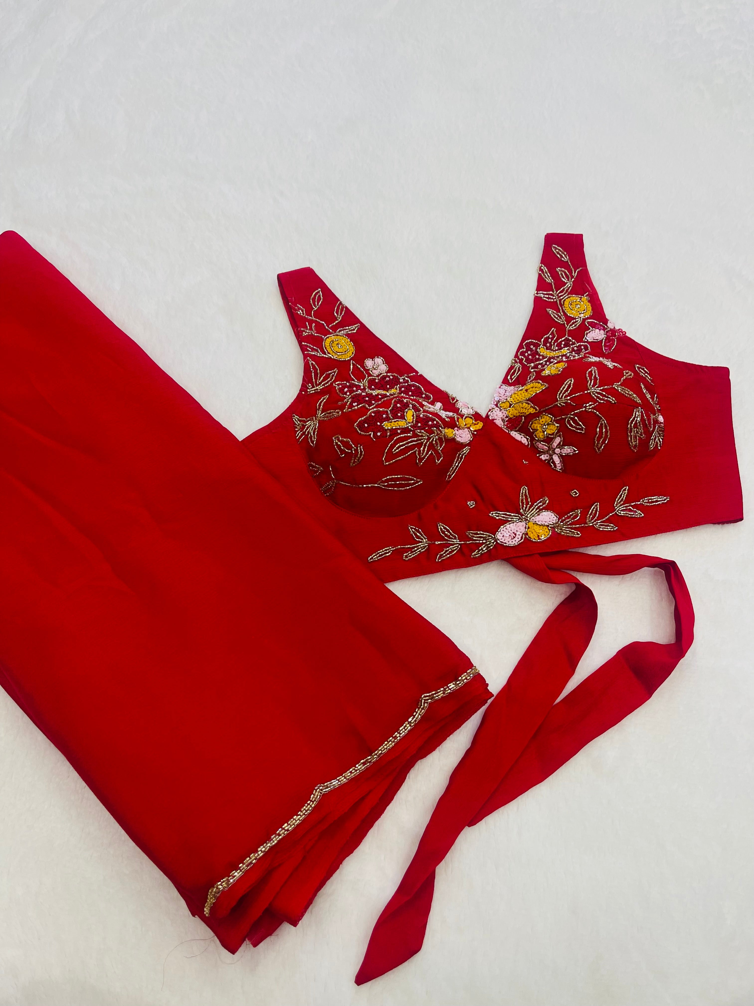 Roop Sundari Red Chinon Handwork Saree With Blouse