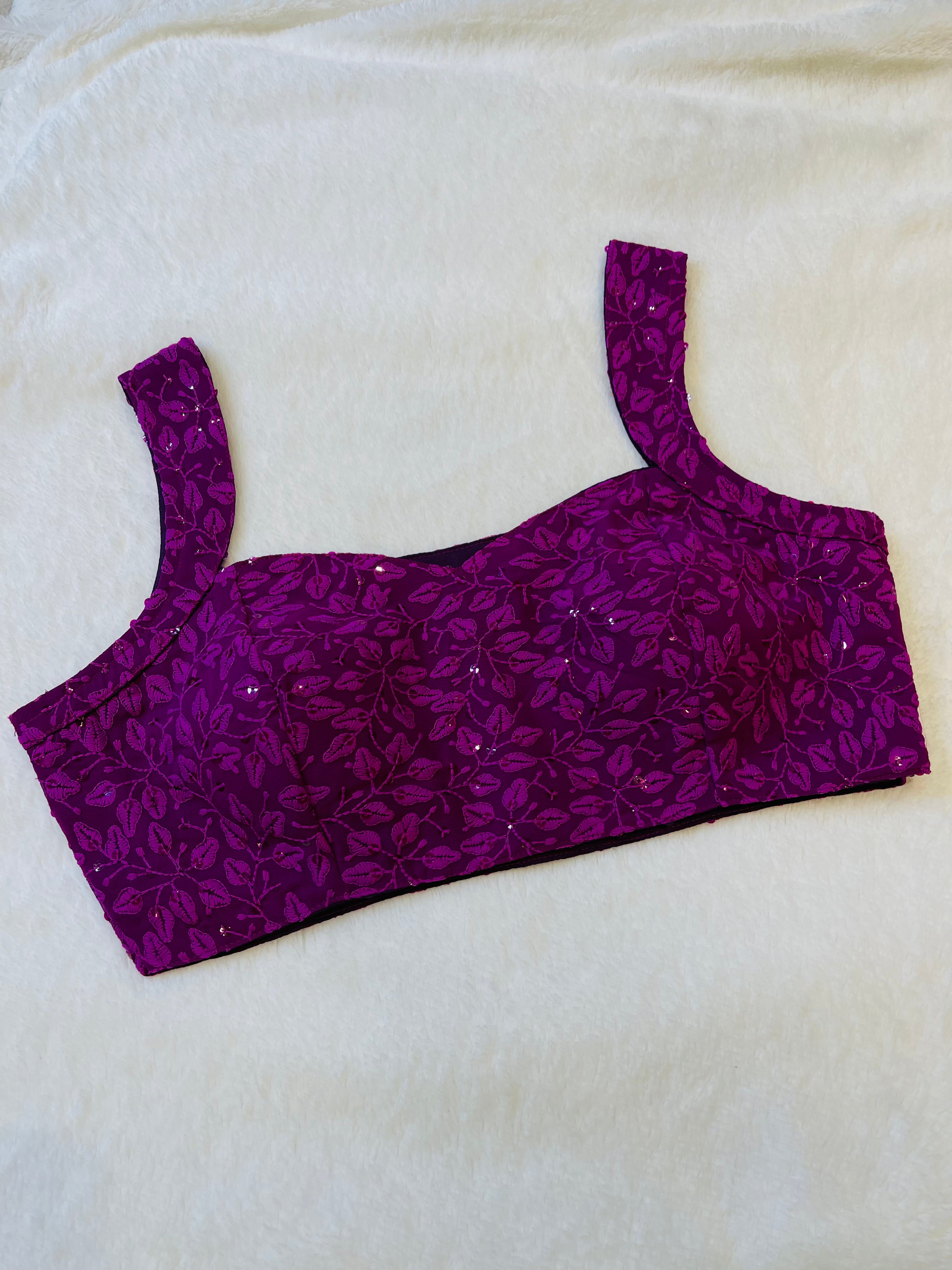 Georgette Lakhnavi work sleeveless blouse with padded cups and boat neck design