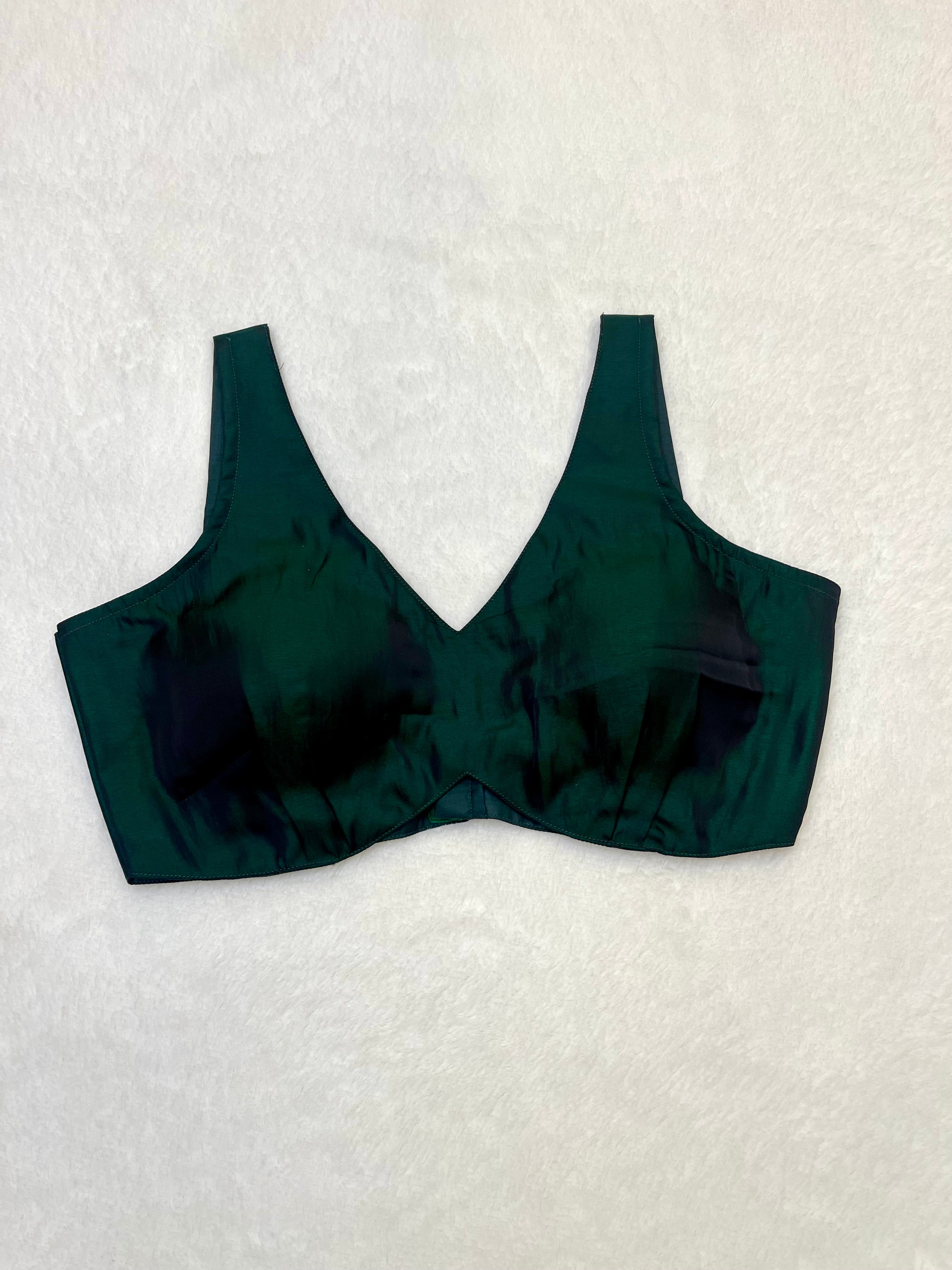 Green cotton silk sleeveless blouse with padded cups and V-neck design