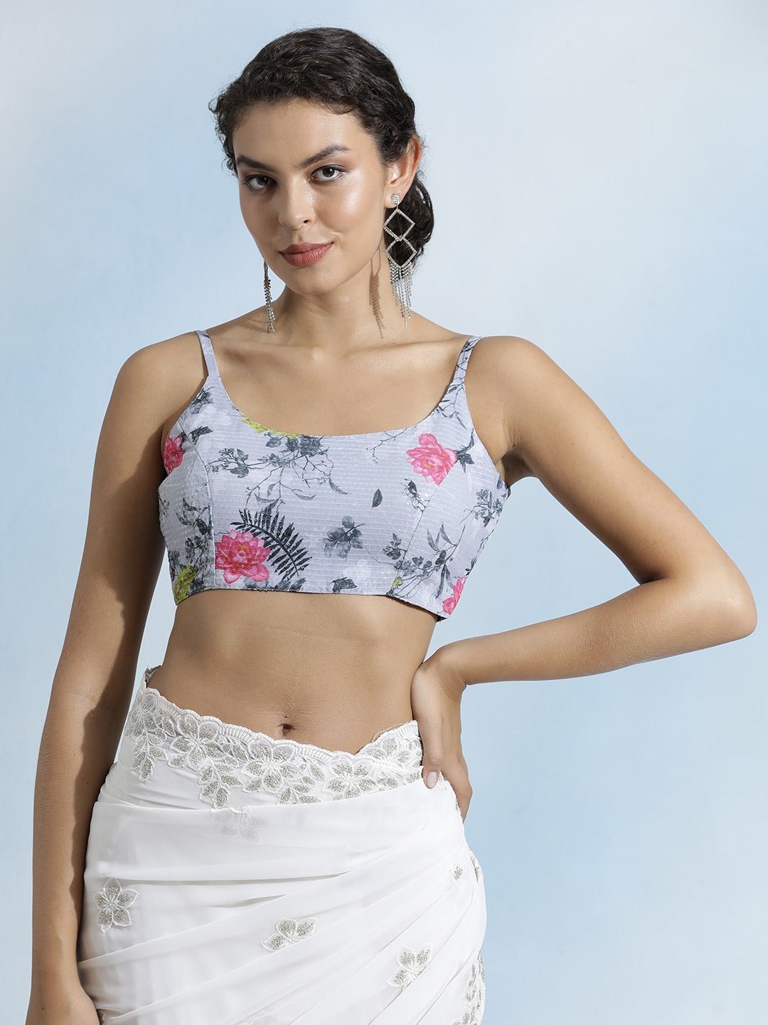 Women Grey georgette sequin sleeveless padded round neck fully stitched blouse