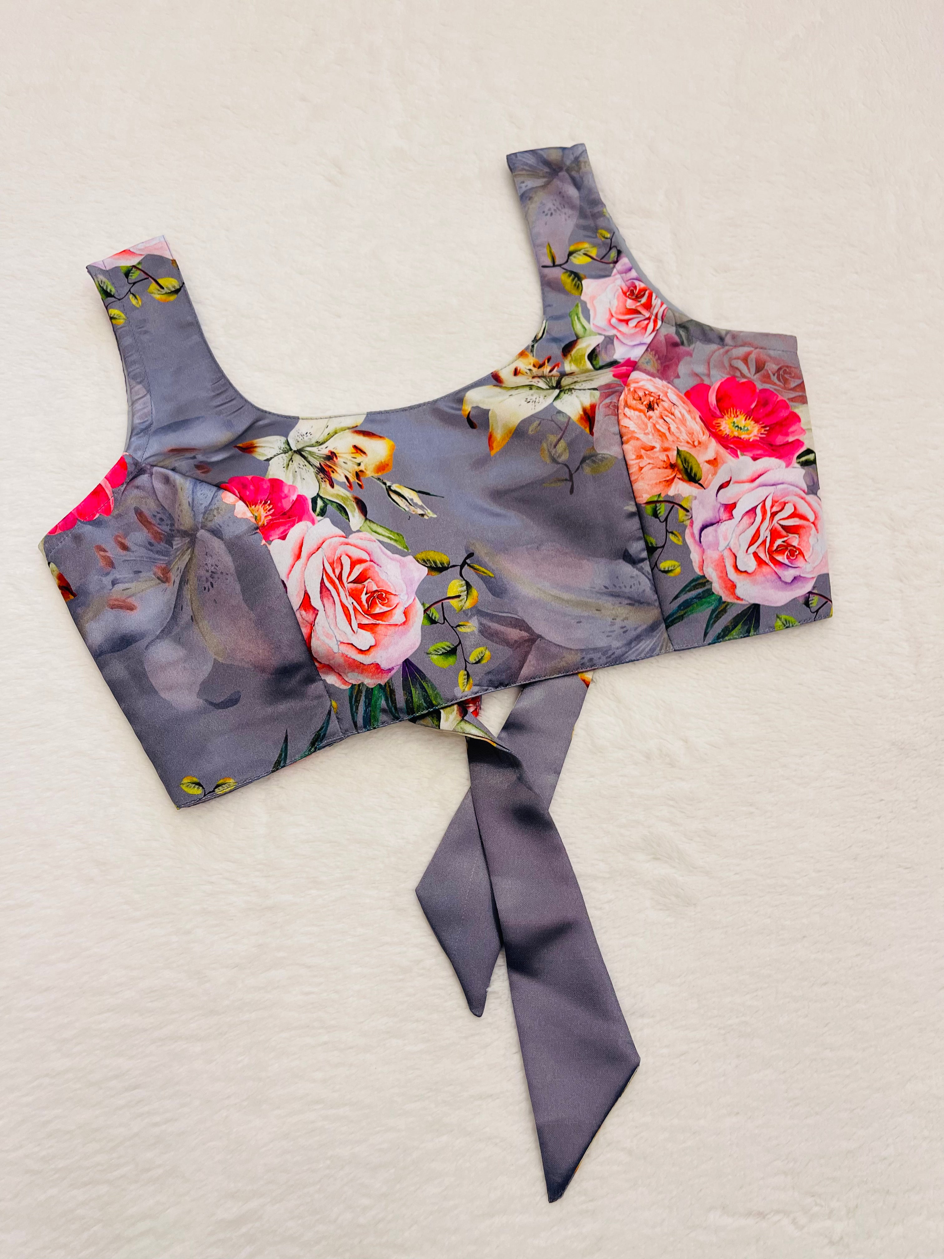 Grey silk base sleeveless blouse with padded cups and round neck design