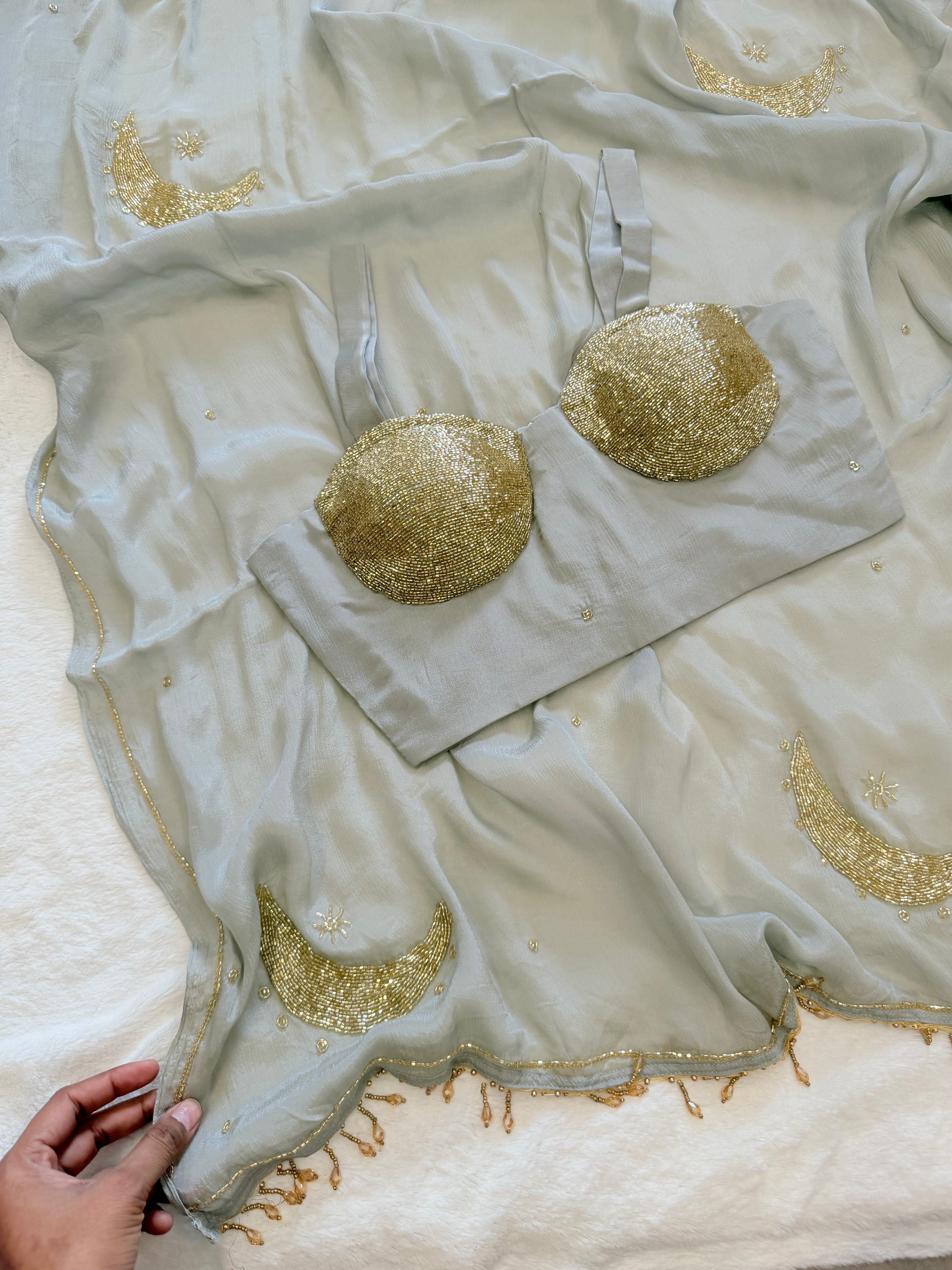 Grey designer chiffon handwork saree by Sazrika