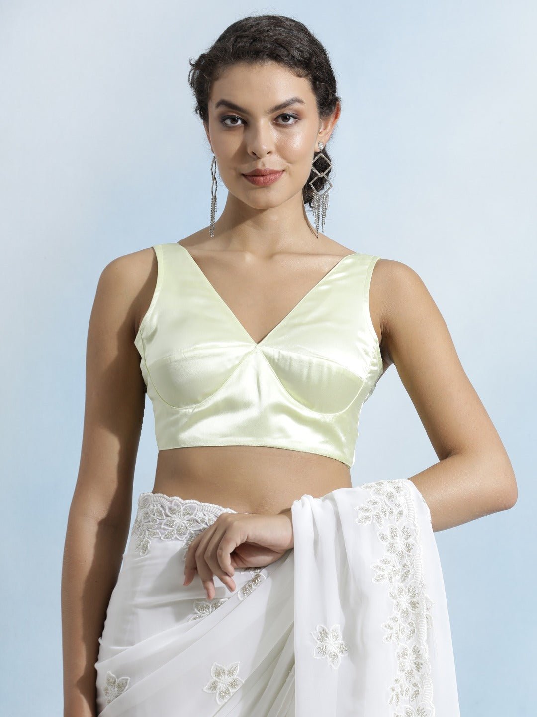 Designer Lemon yellow satin sleeveless padded V-neck fully stitched blouse