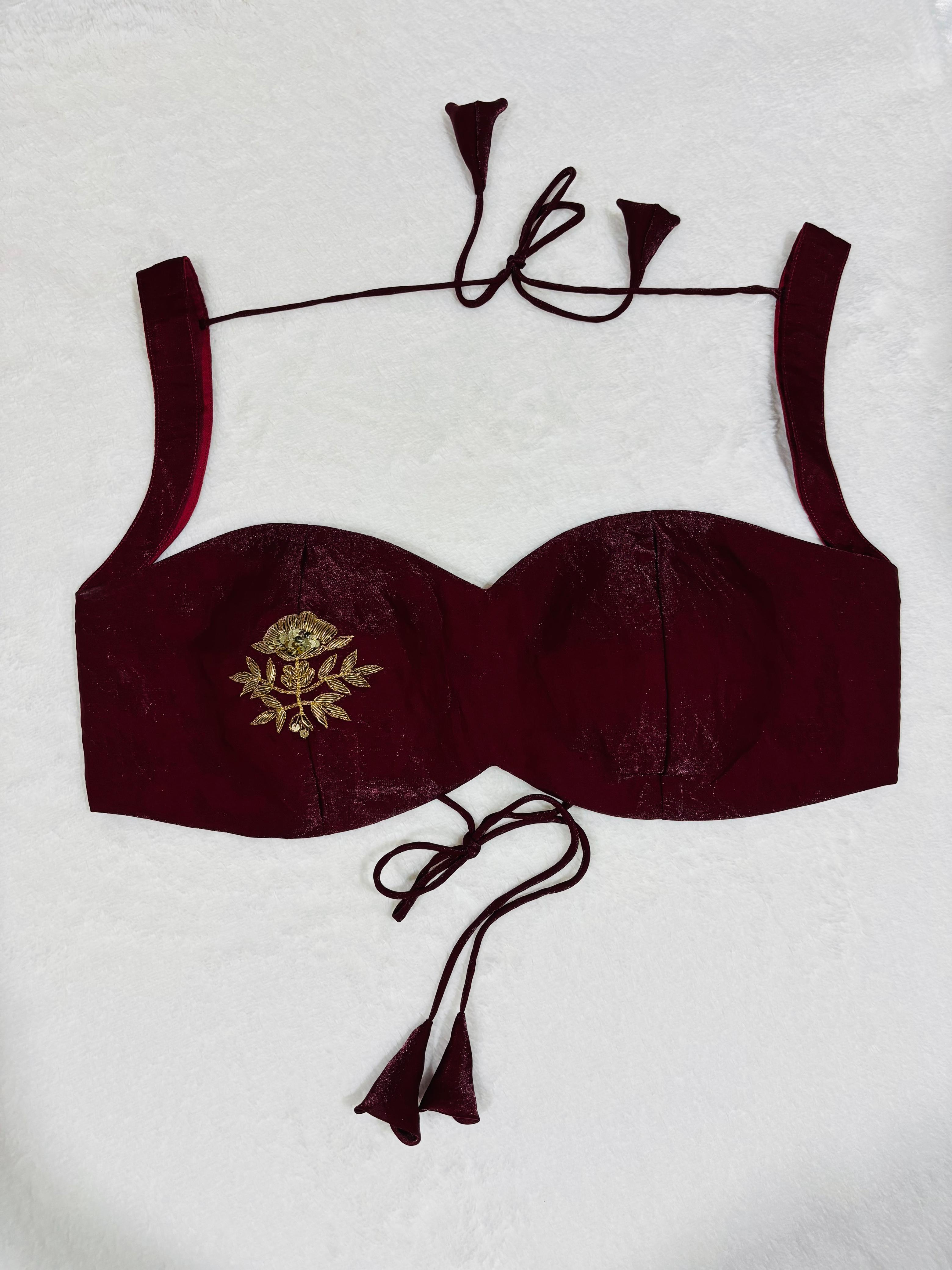 Maroon Organza Sleeveless Blouse with Sweetheart Neck and Padded Cups