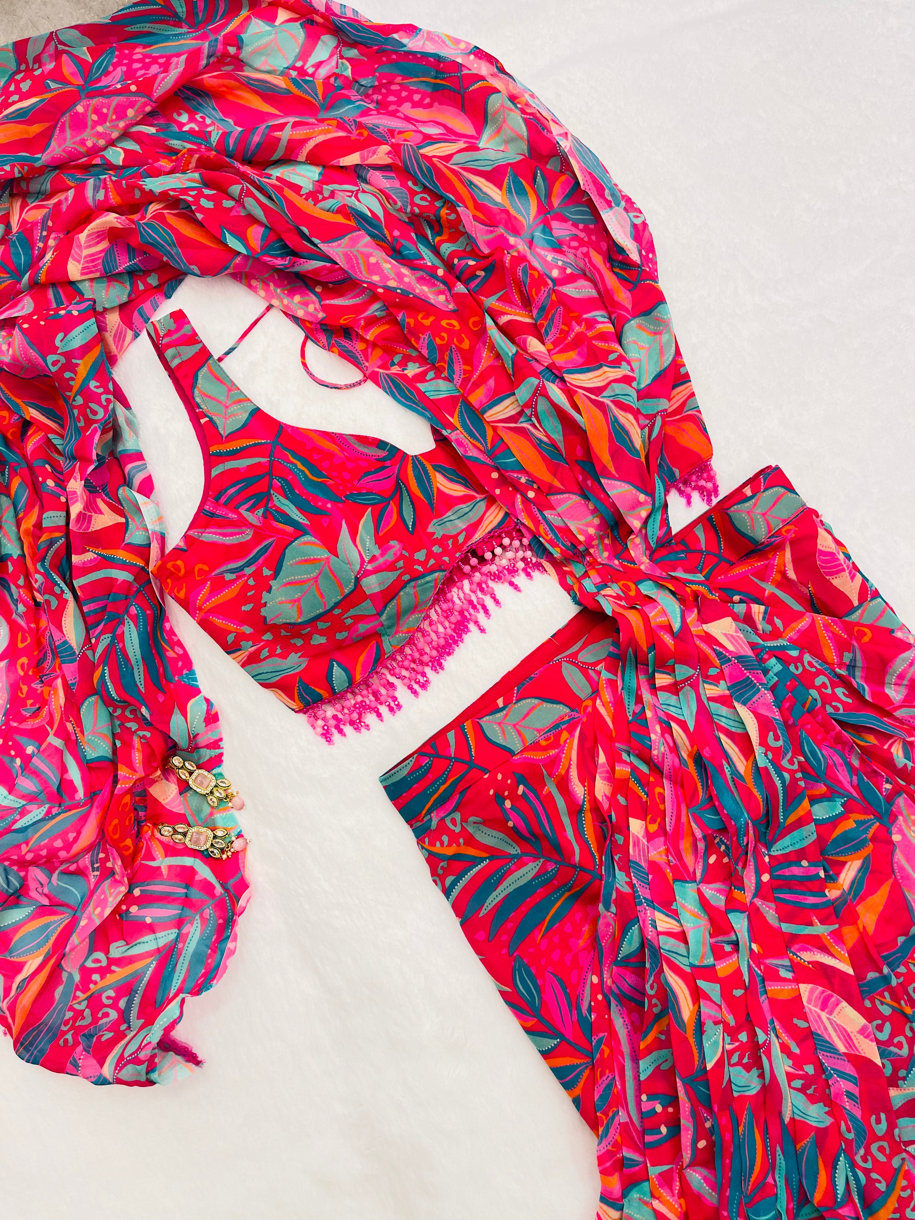 Mohini Pink Pre Draped Pink Georgette Pre-Stitched Saree With Fully Stitched Blouse