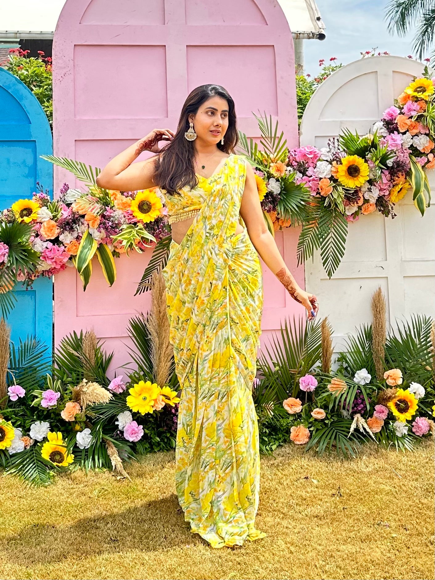 Yellow georgette pre-stitched saree with fully stitched blouse