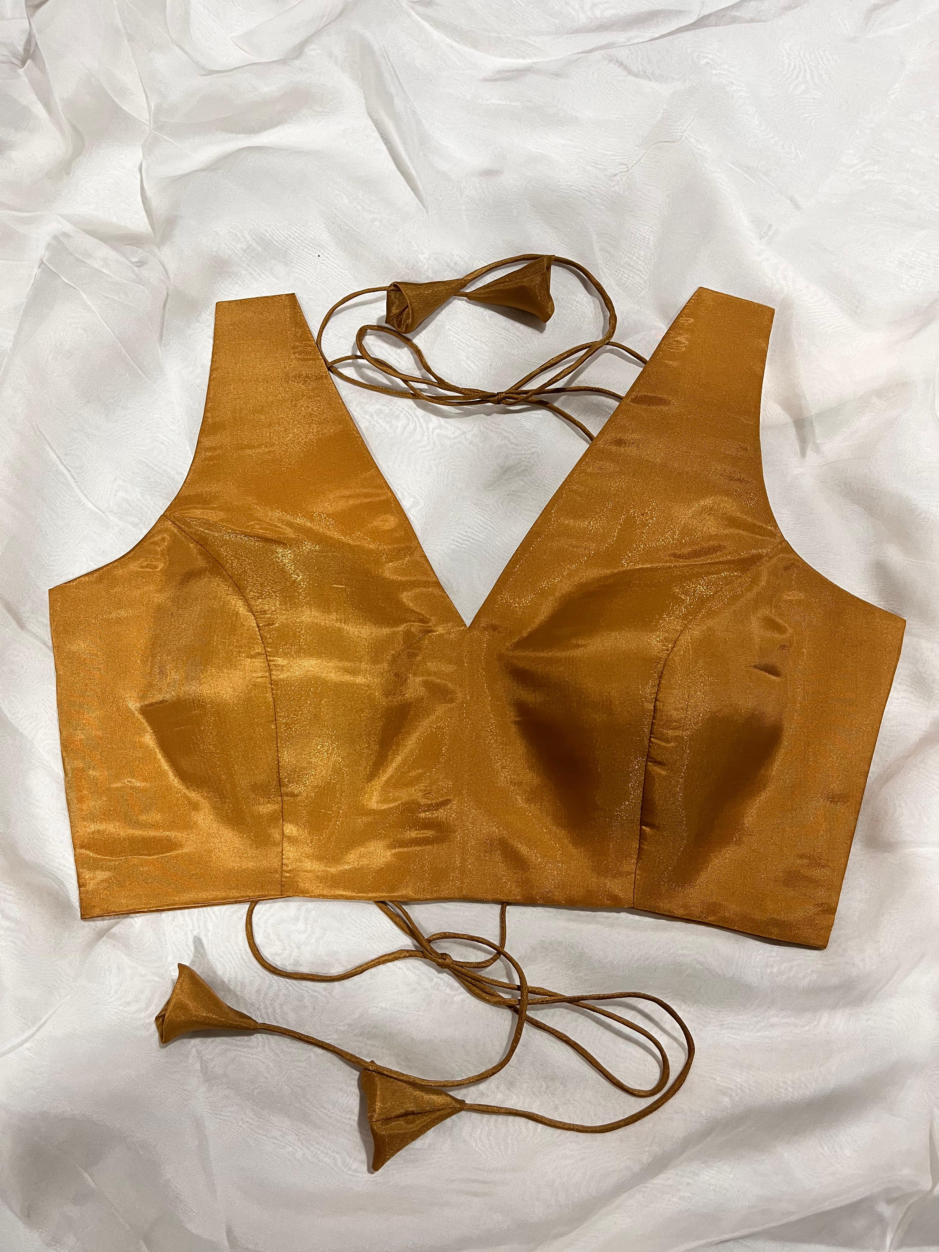 Mustard Yellow Tissue Silk V-Neck Sleeveless Blouse with Padded Cups