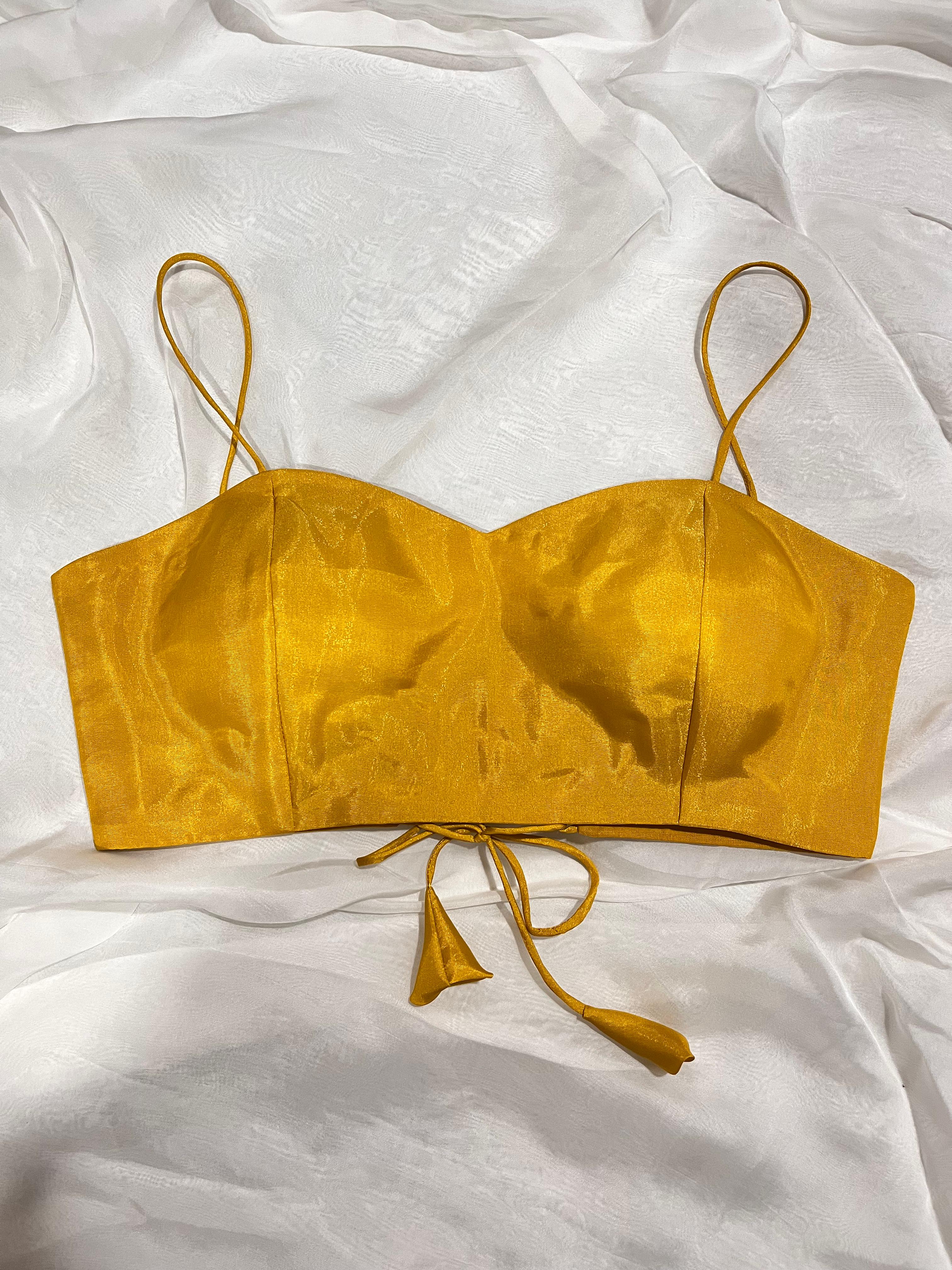 Mustard Yellow Tissue Silk Sleeveless Dress with V-Neck and Padded Cups