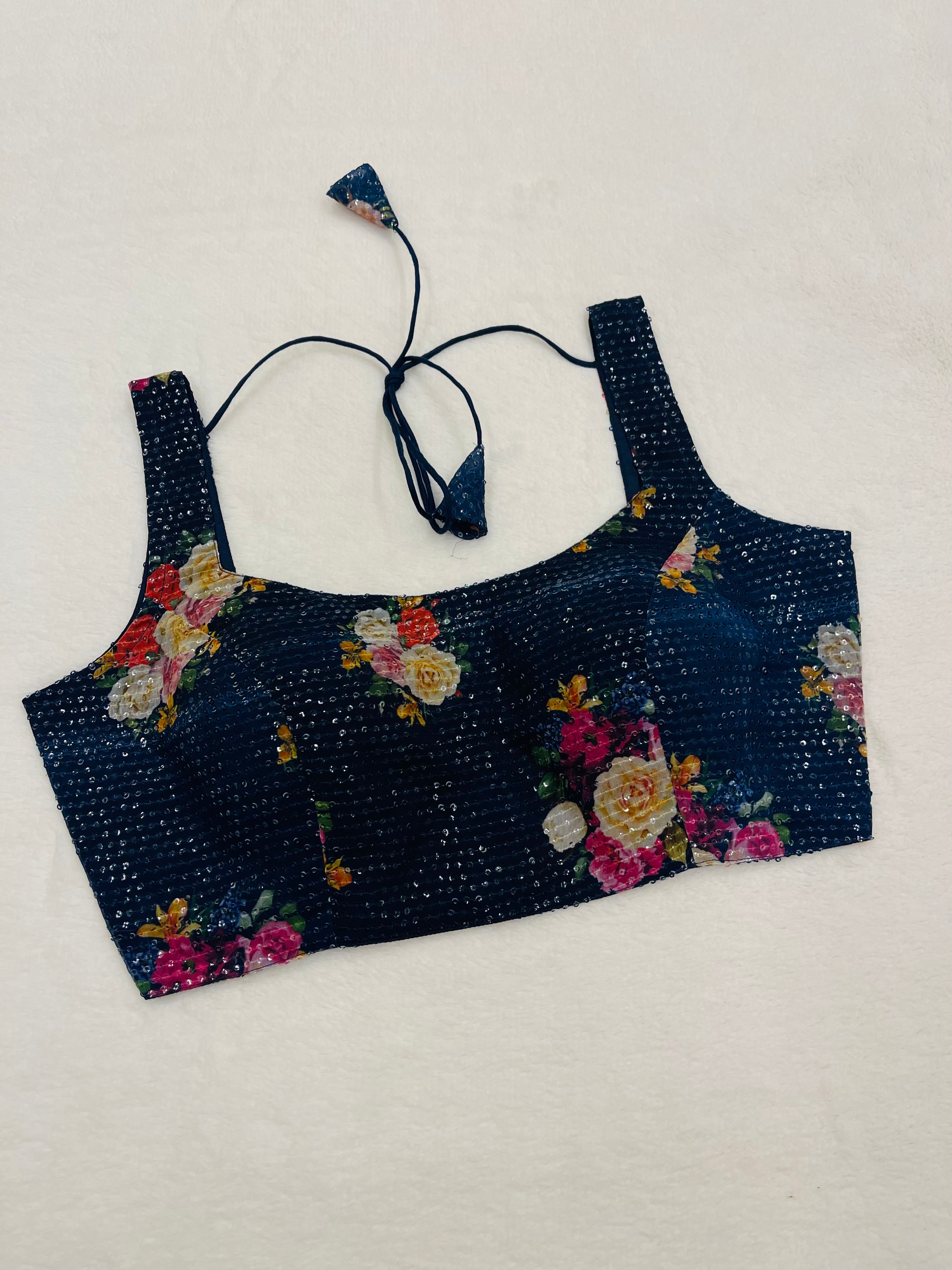 Women Navy blue georgette sequin sleeveless padded round neck fully stitched blouse