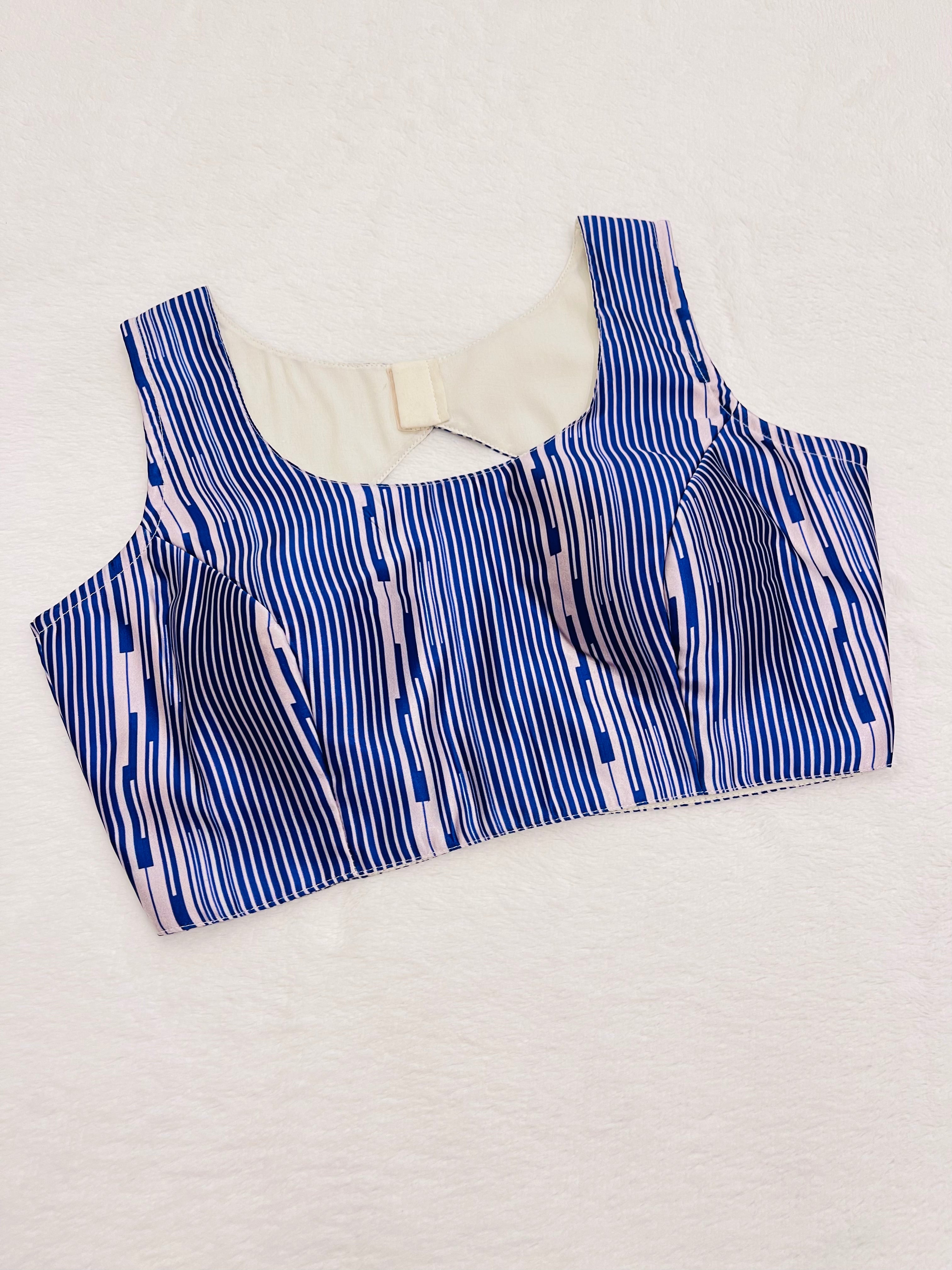 Navy blue silk base sleeveless blouse with padded cups and round neck design