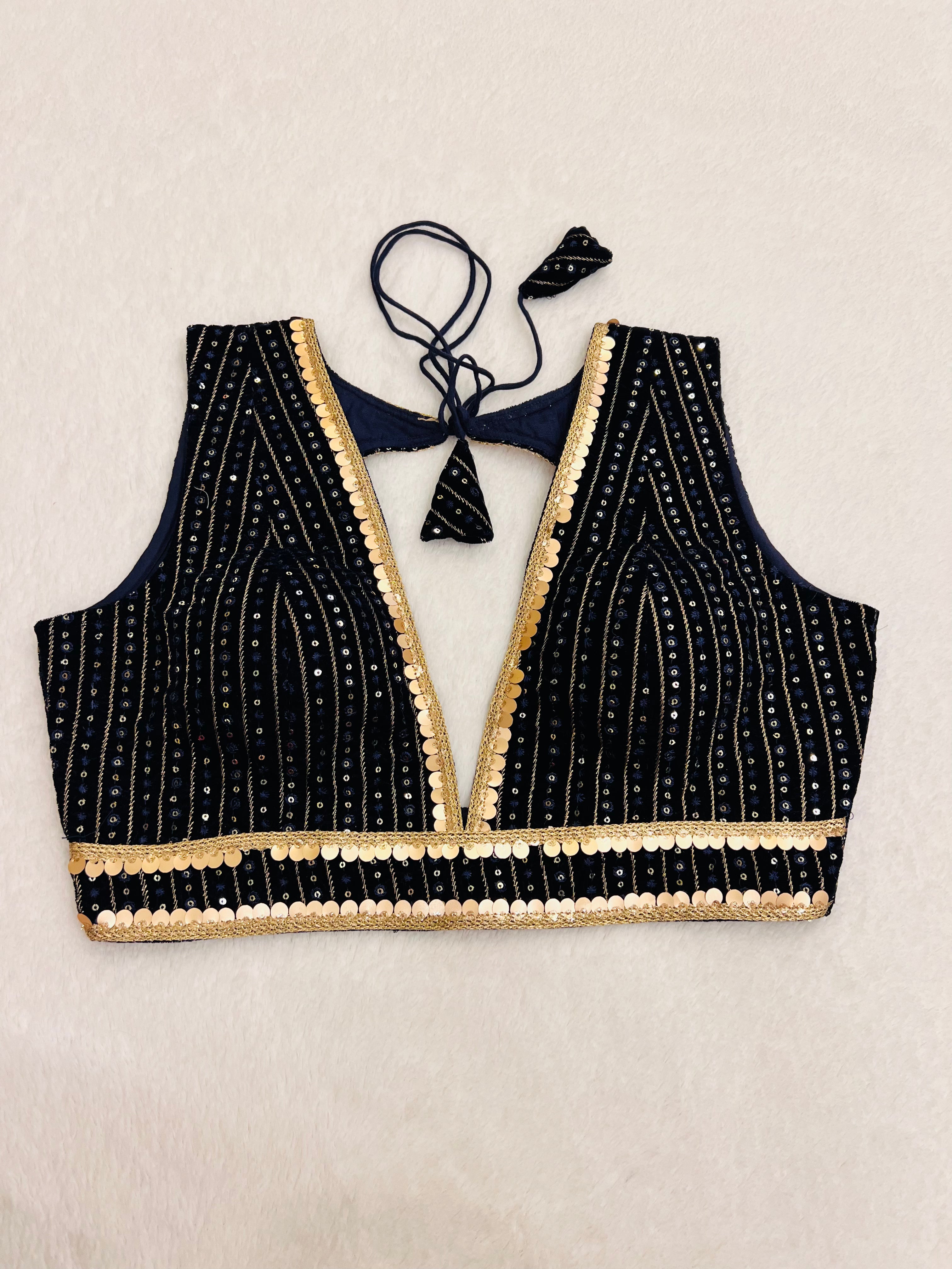 Navy blue velvet sleeveless padded blouse with V-neck