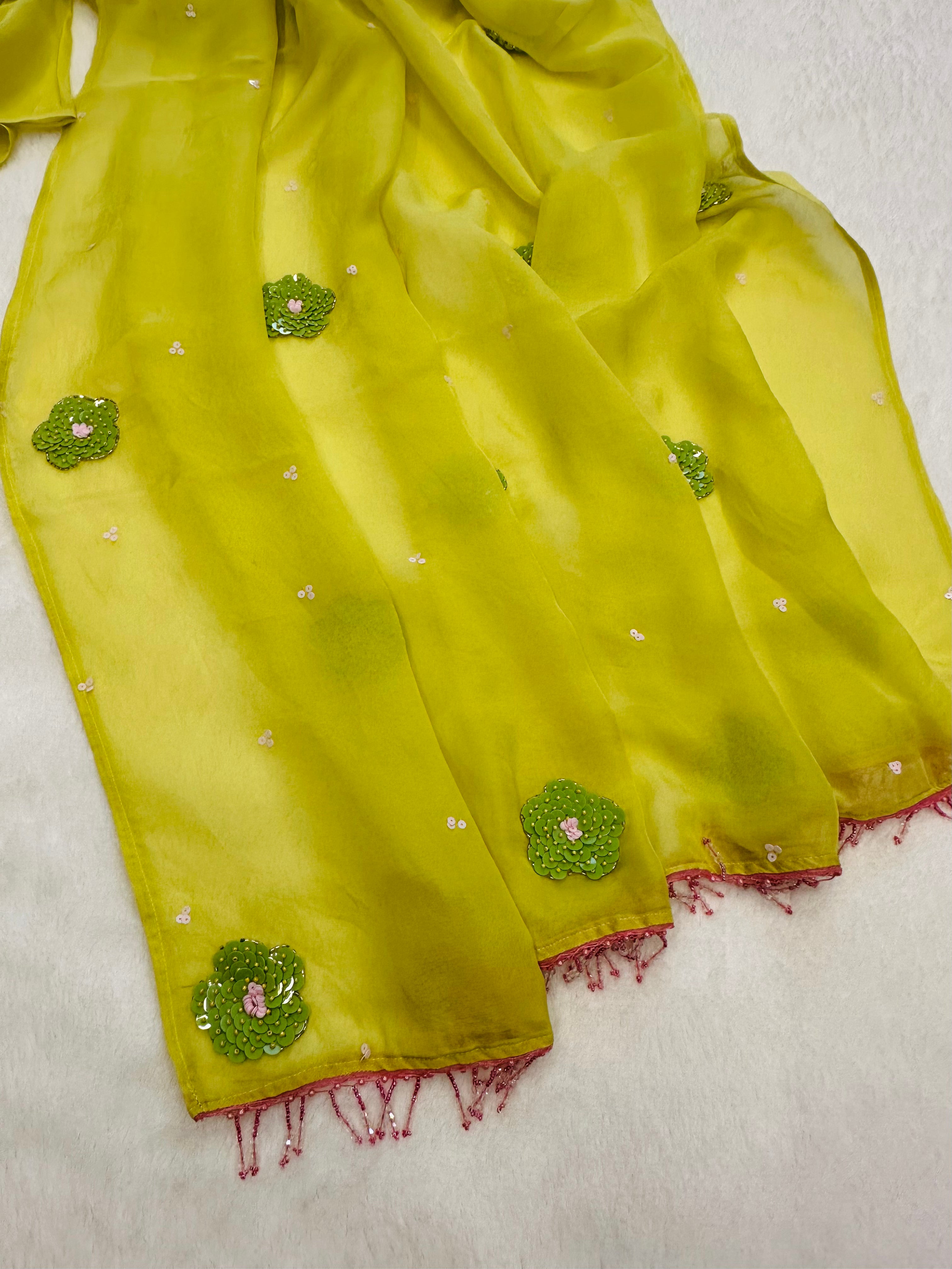Neon green organza saree without blouse