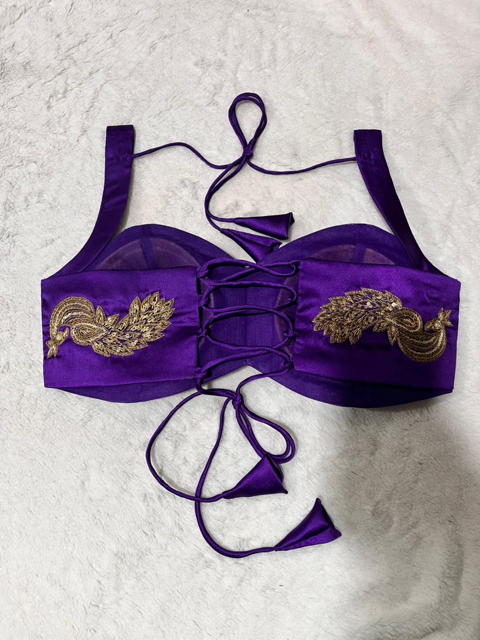 Handwork violet satin sleeveless padded blouse with sweetheart neckline, fully stitched ethnic wear