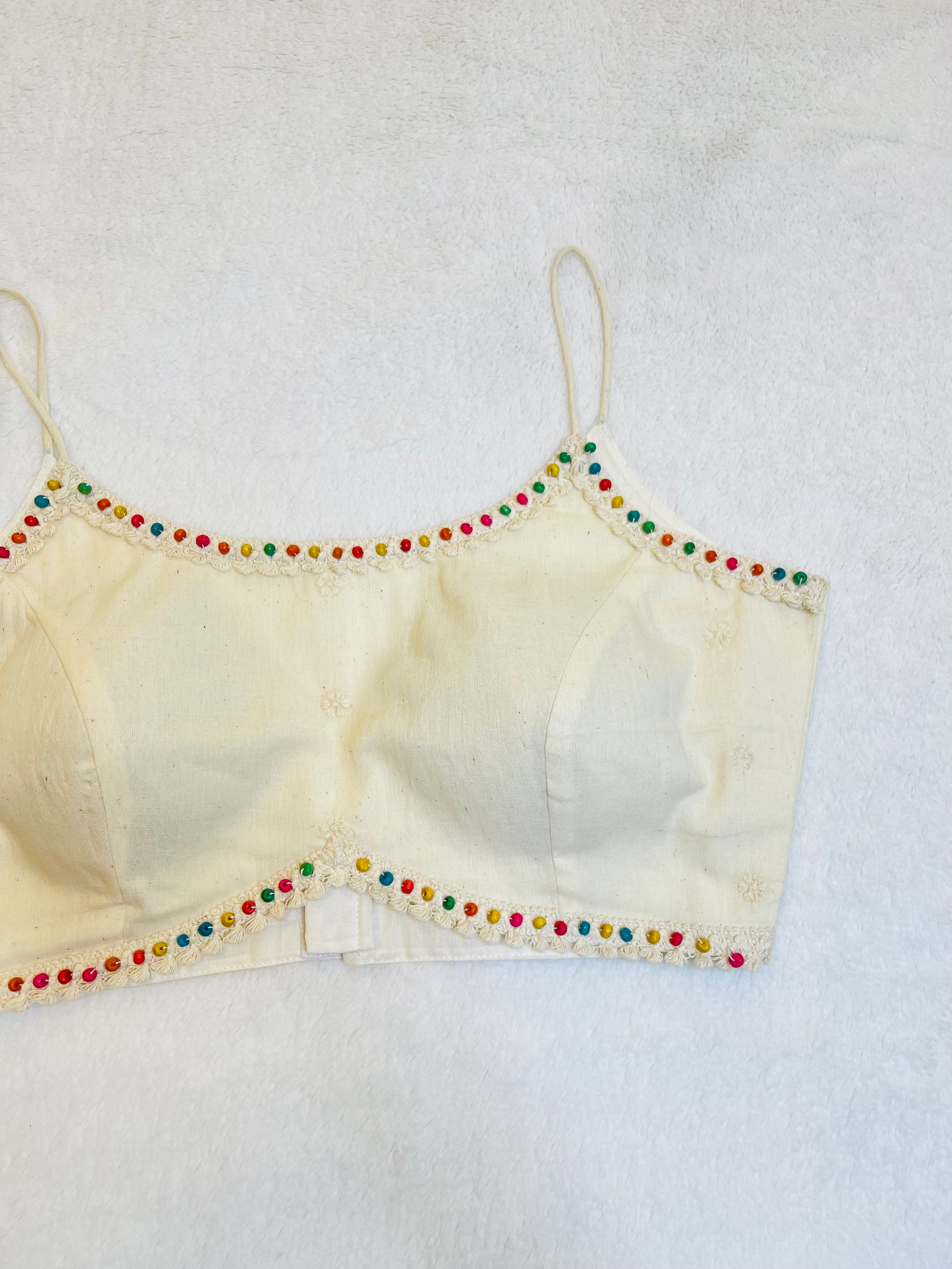 Stylish Off white khadi cotton noodle strap padded round neck fully stitched blouse