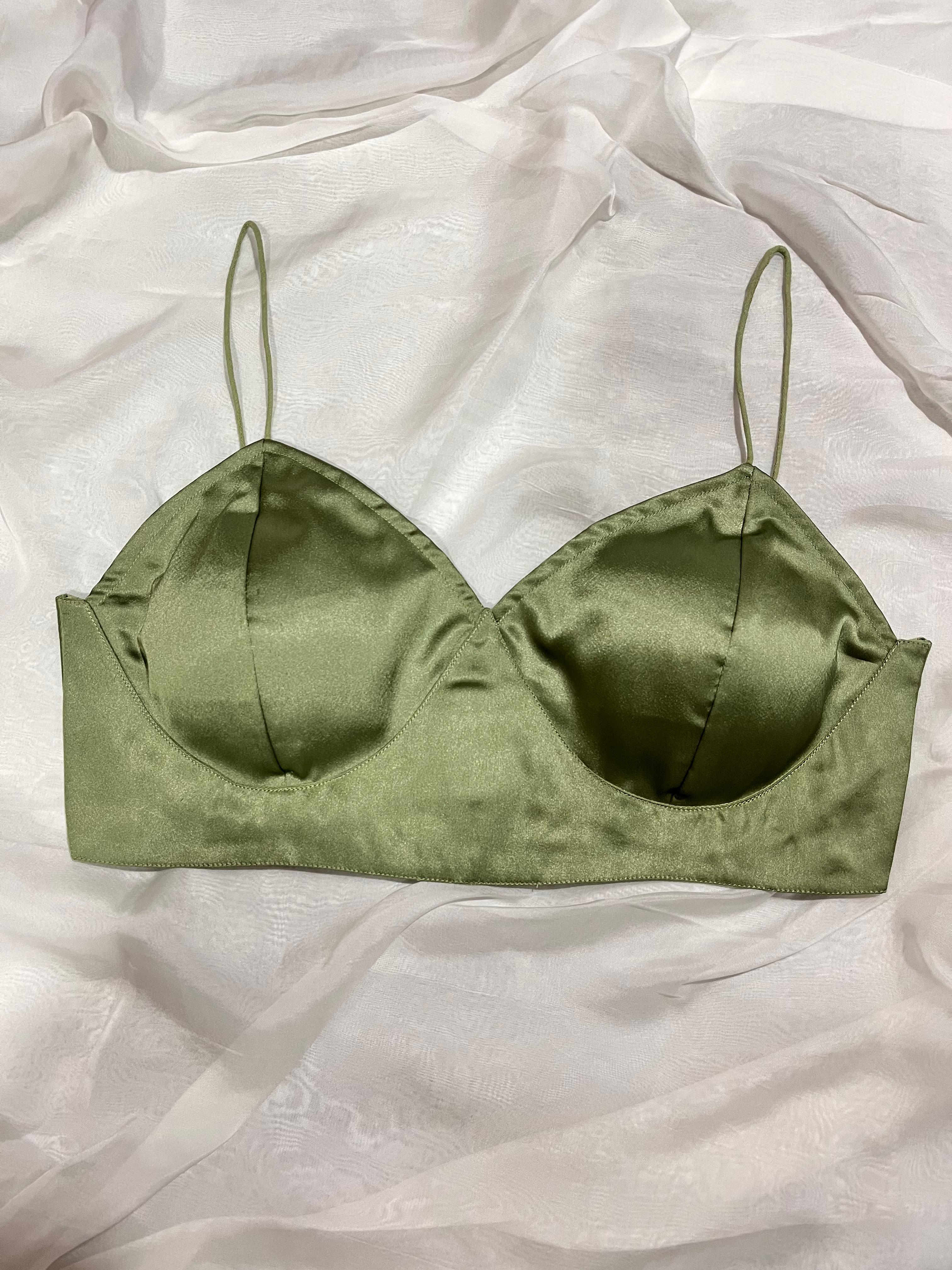 Olive Green Satin Sleeveless Dress with V-Neck and Padded Cups