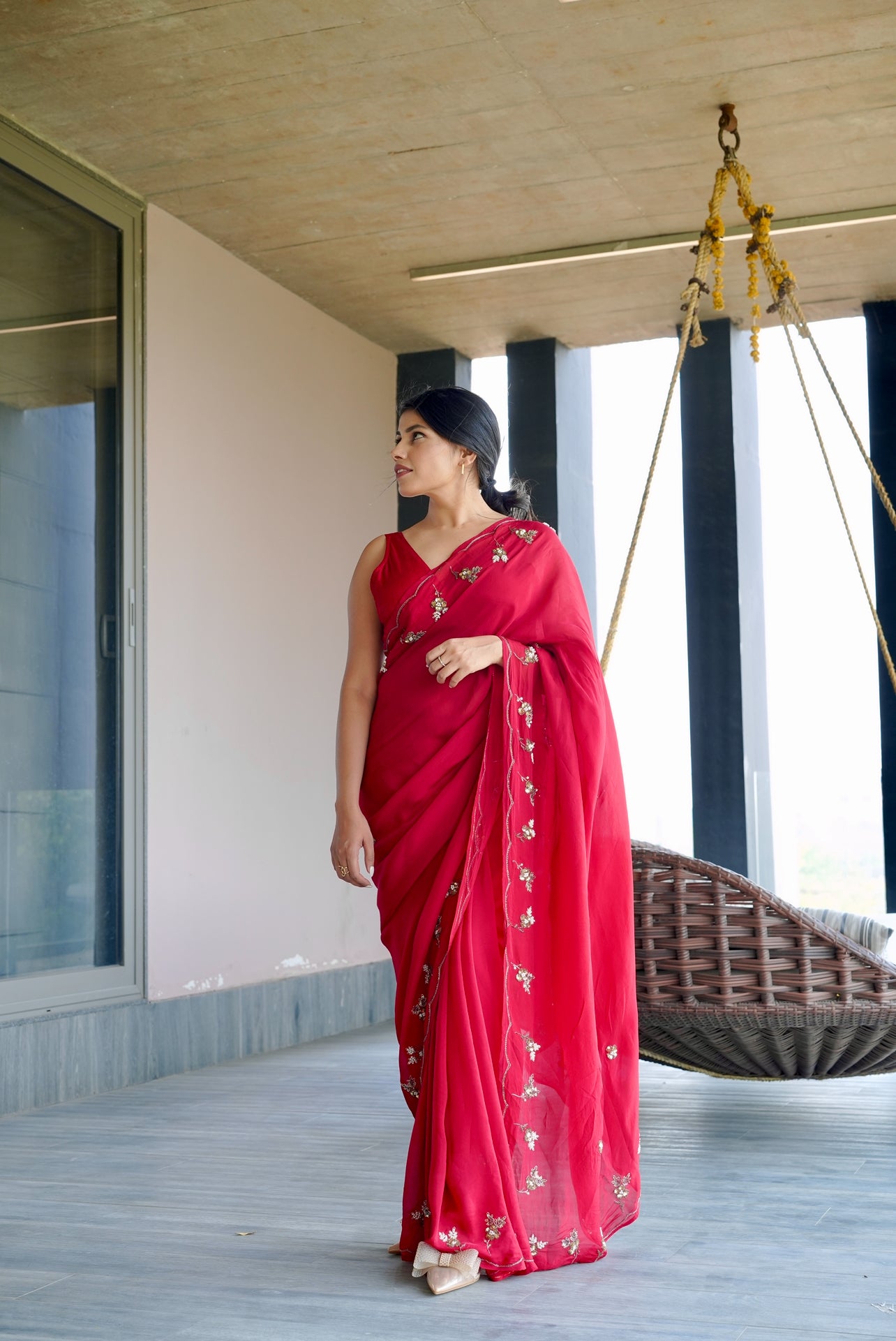 Organza saree with maroon running blouse