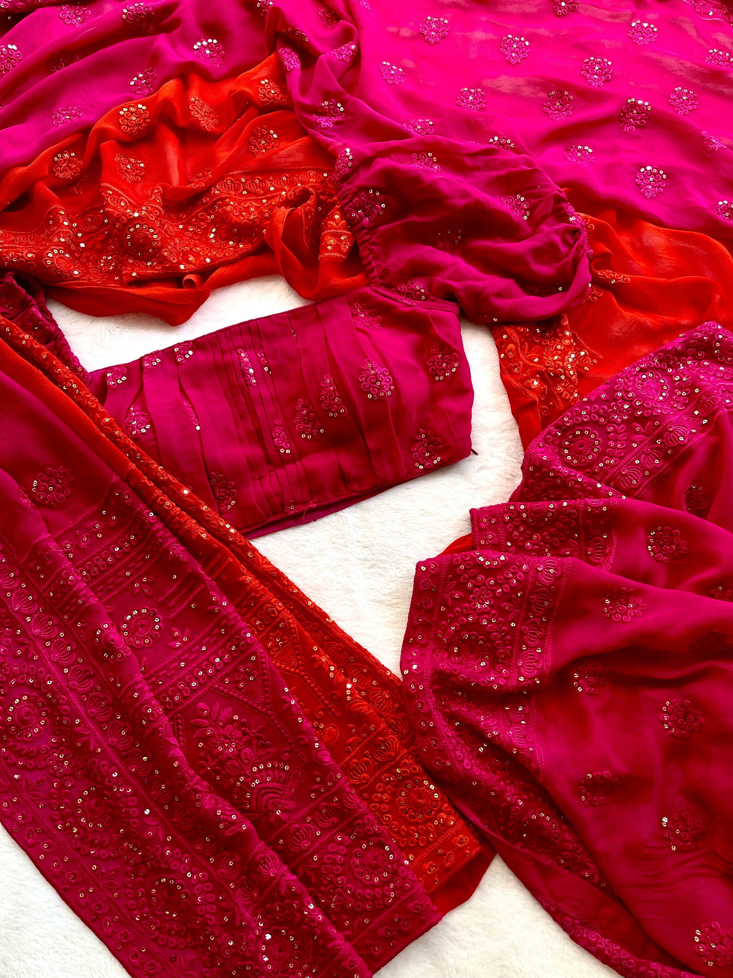 Pure georgette hand-dyed orange and pink embroidered saree with stitched blouse