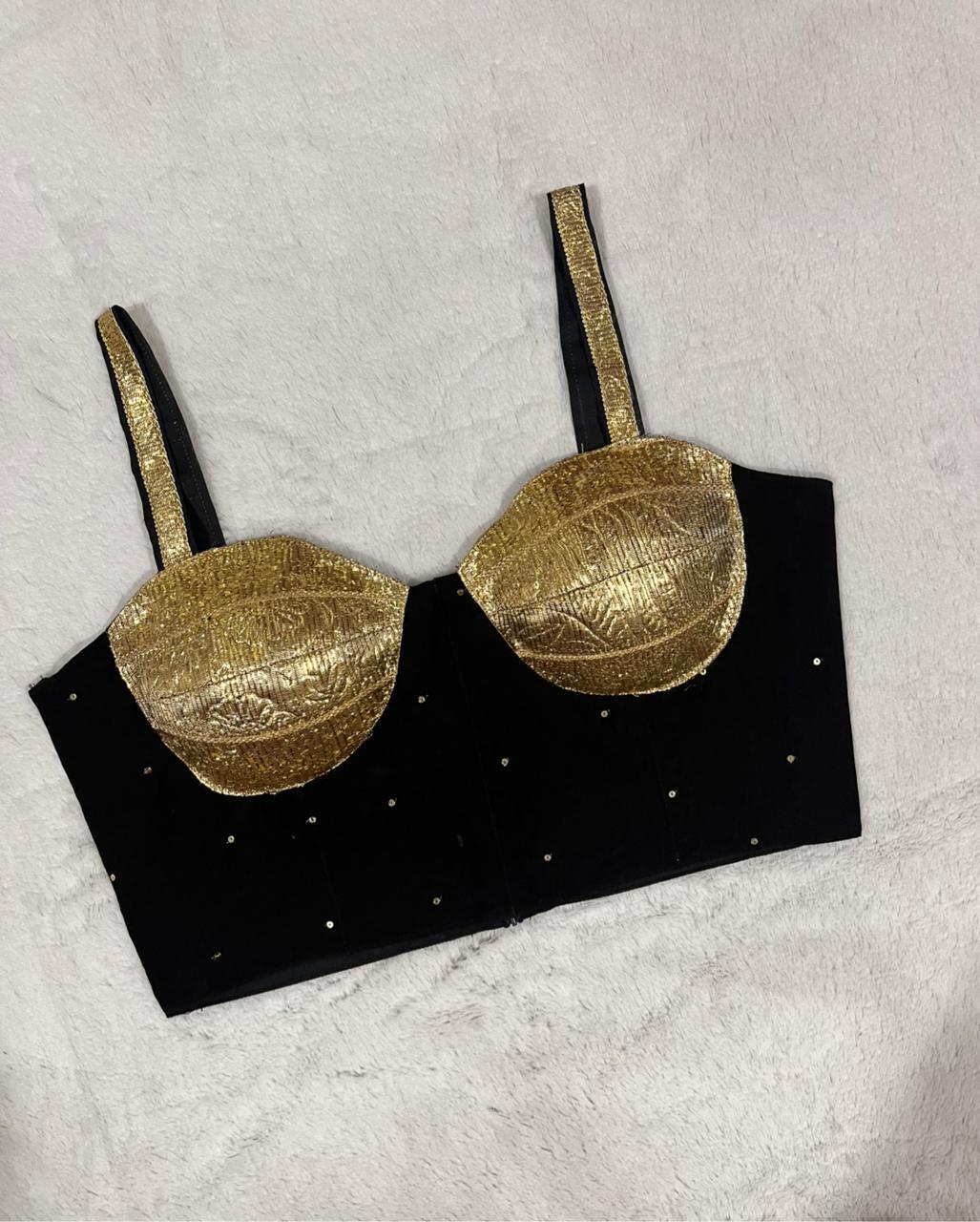 Black Organza sleeveless V-neck blouse with padded cups.