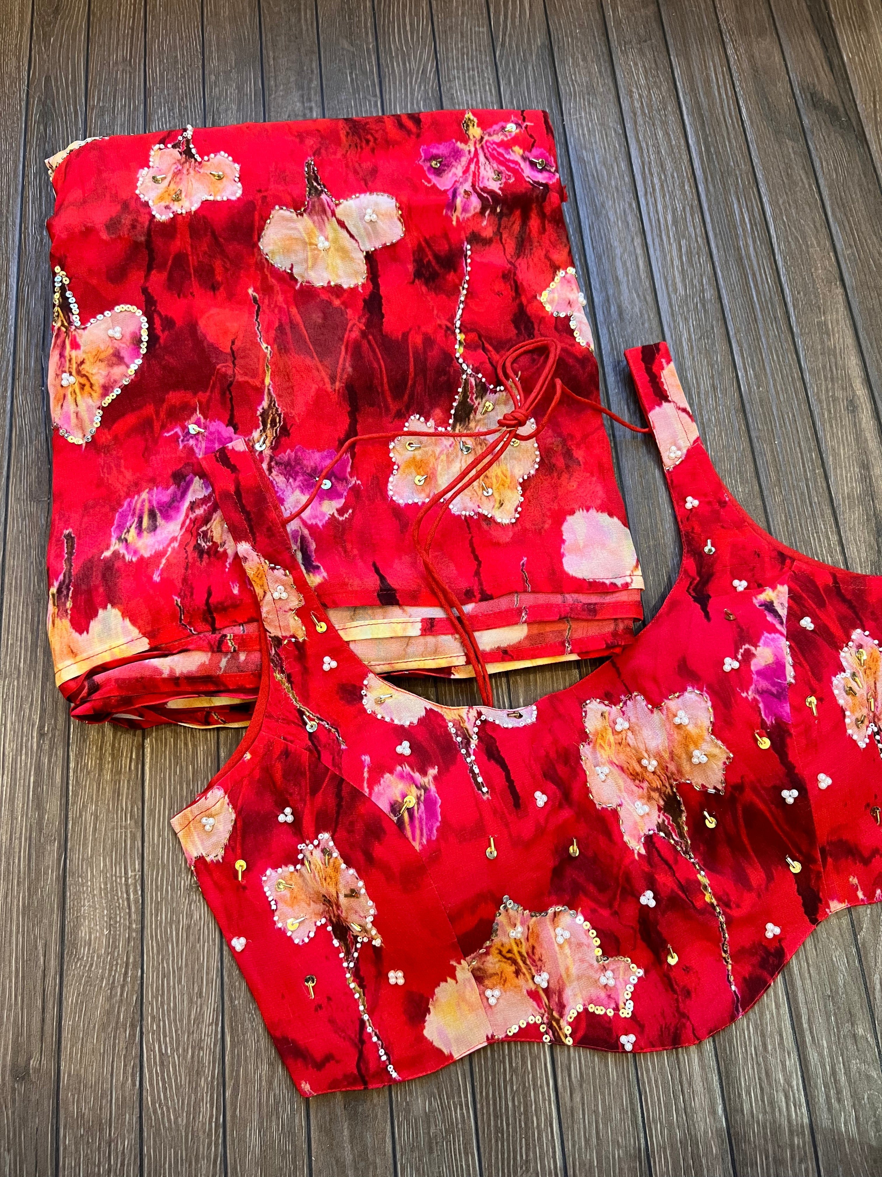 Georgette saree with handwork and stitched blouse