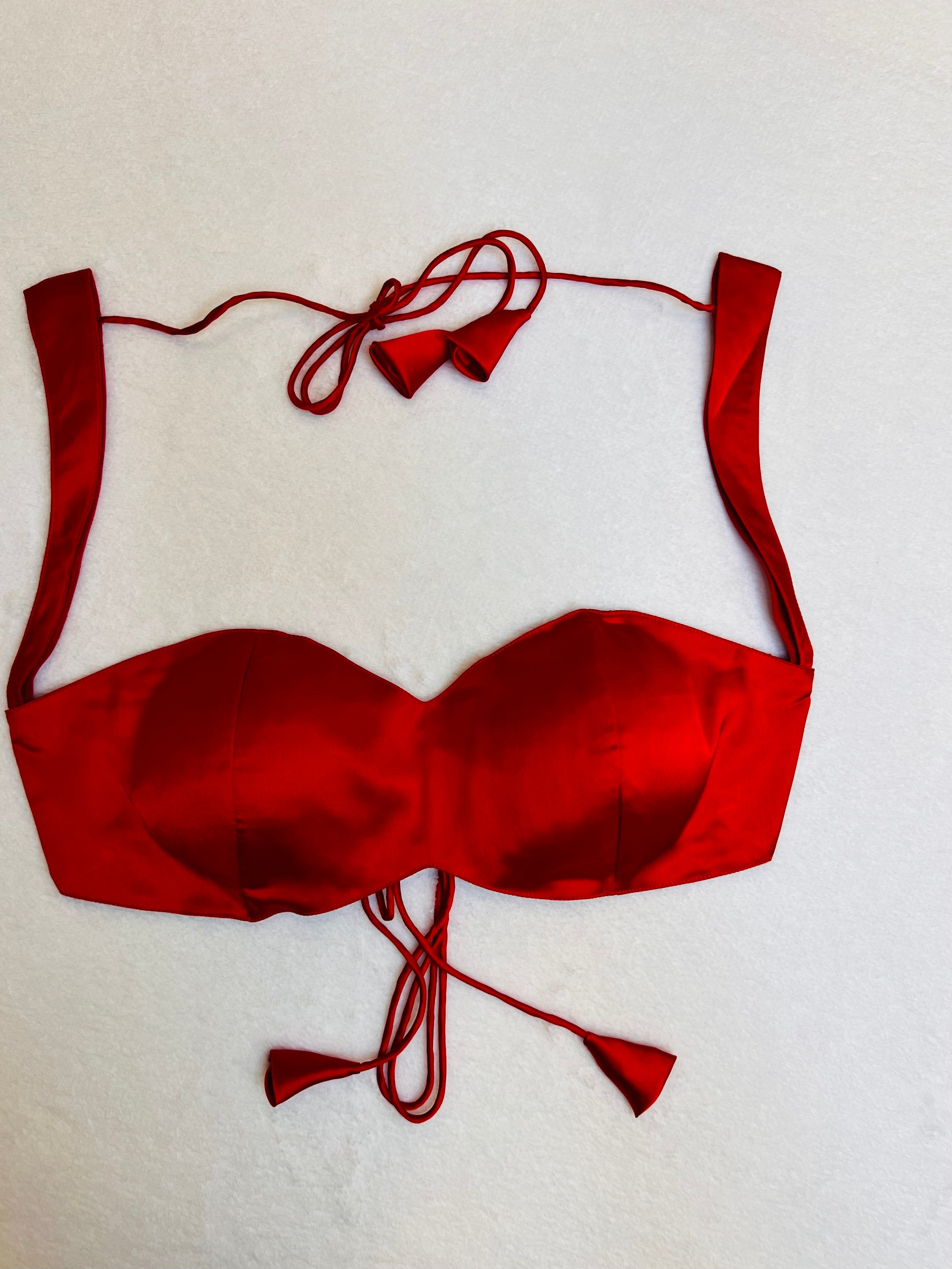 Red Satin Fully Stitched Padded Sleeveless Sweetheart Neck Blouse for Women