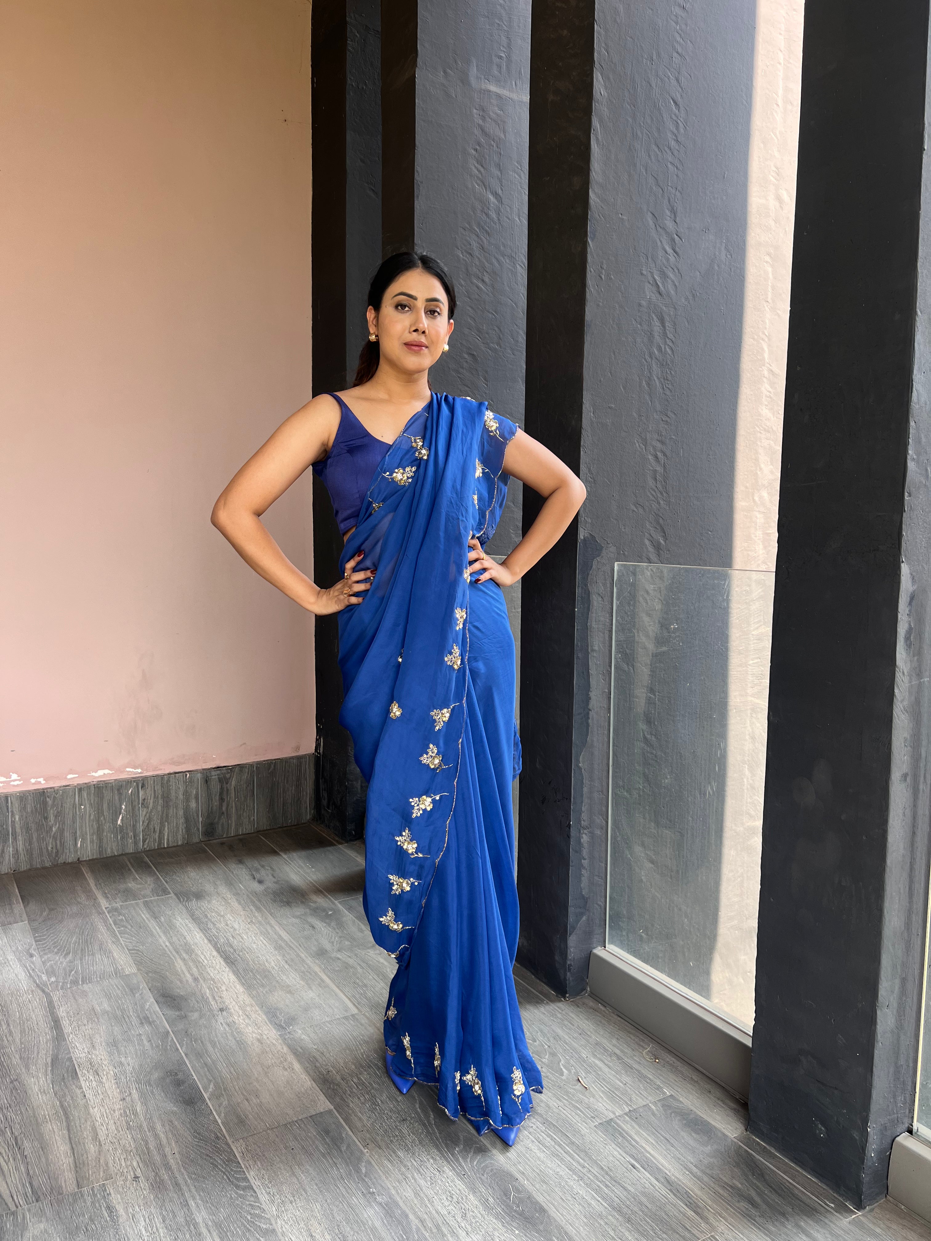 Soft organza saree paired with Kashish Navy Blue chiffon blouse