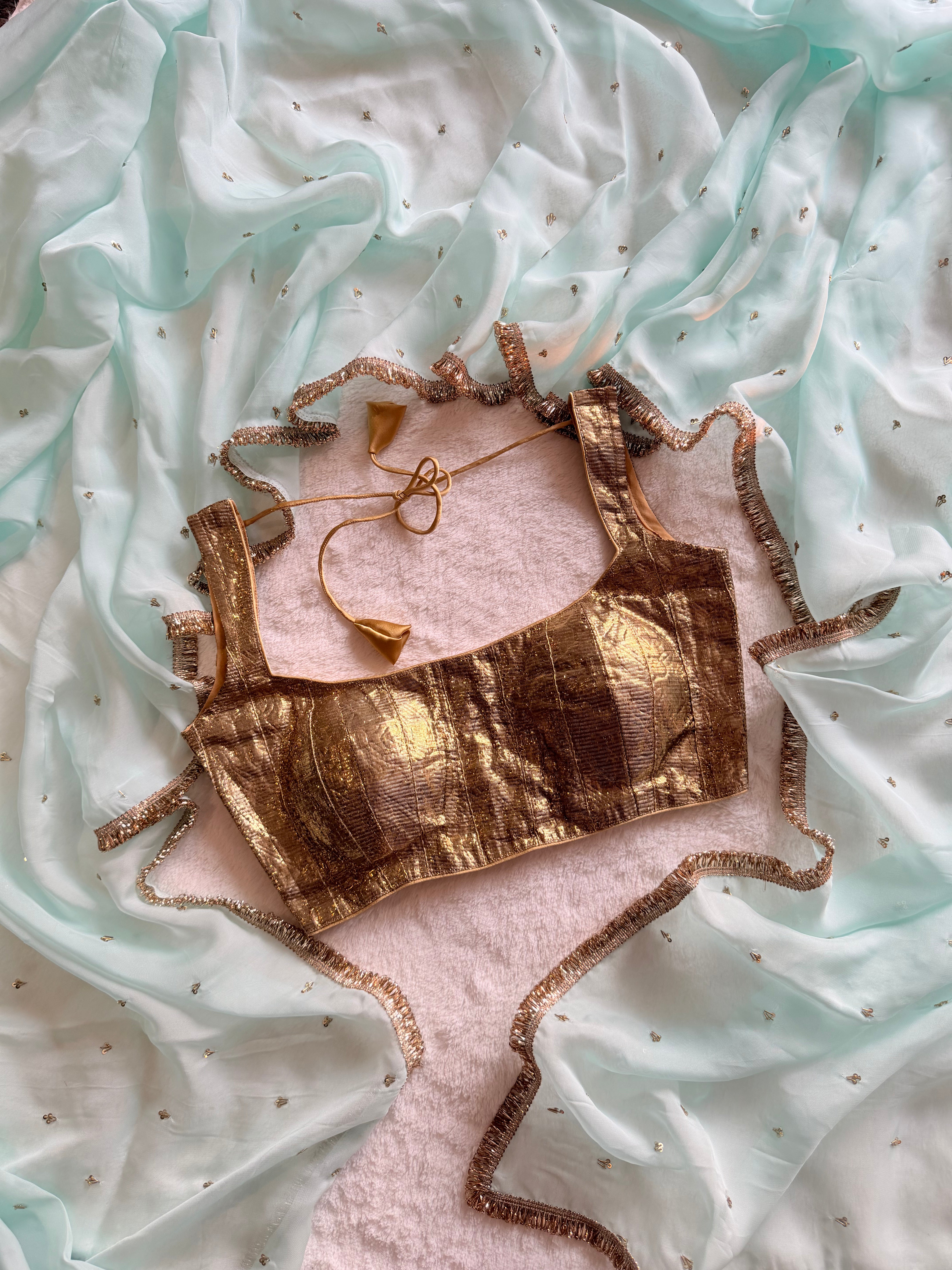 Soft Organza Gold Mint Saree with delicate handwork, premium festive wear, preorder piece with customised colour and desig