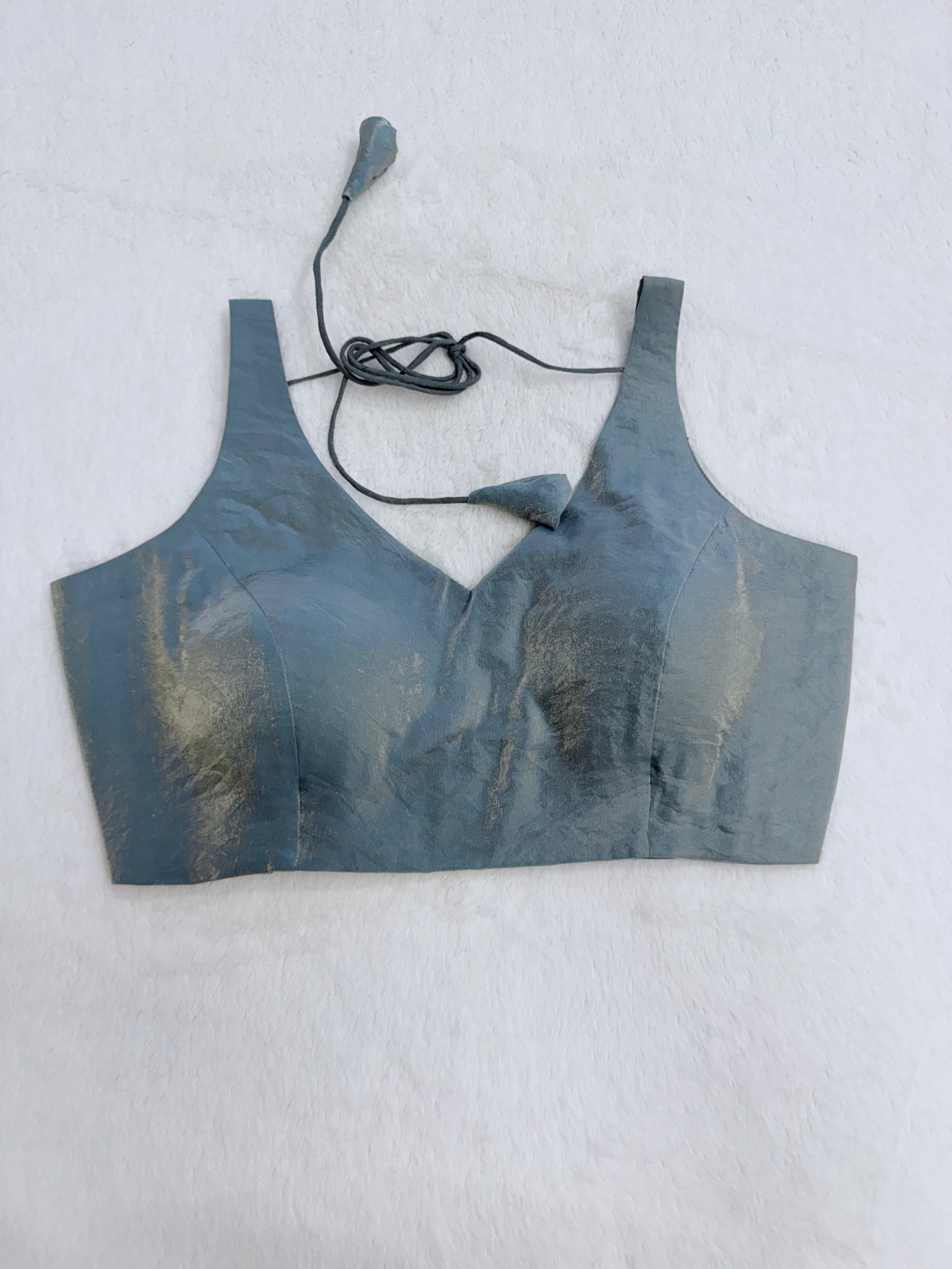 Pale blue organza sleeveless padded blouse with V-neck, fully stitched ethnic wear