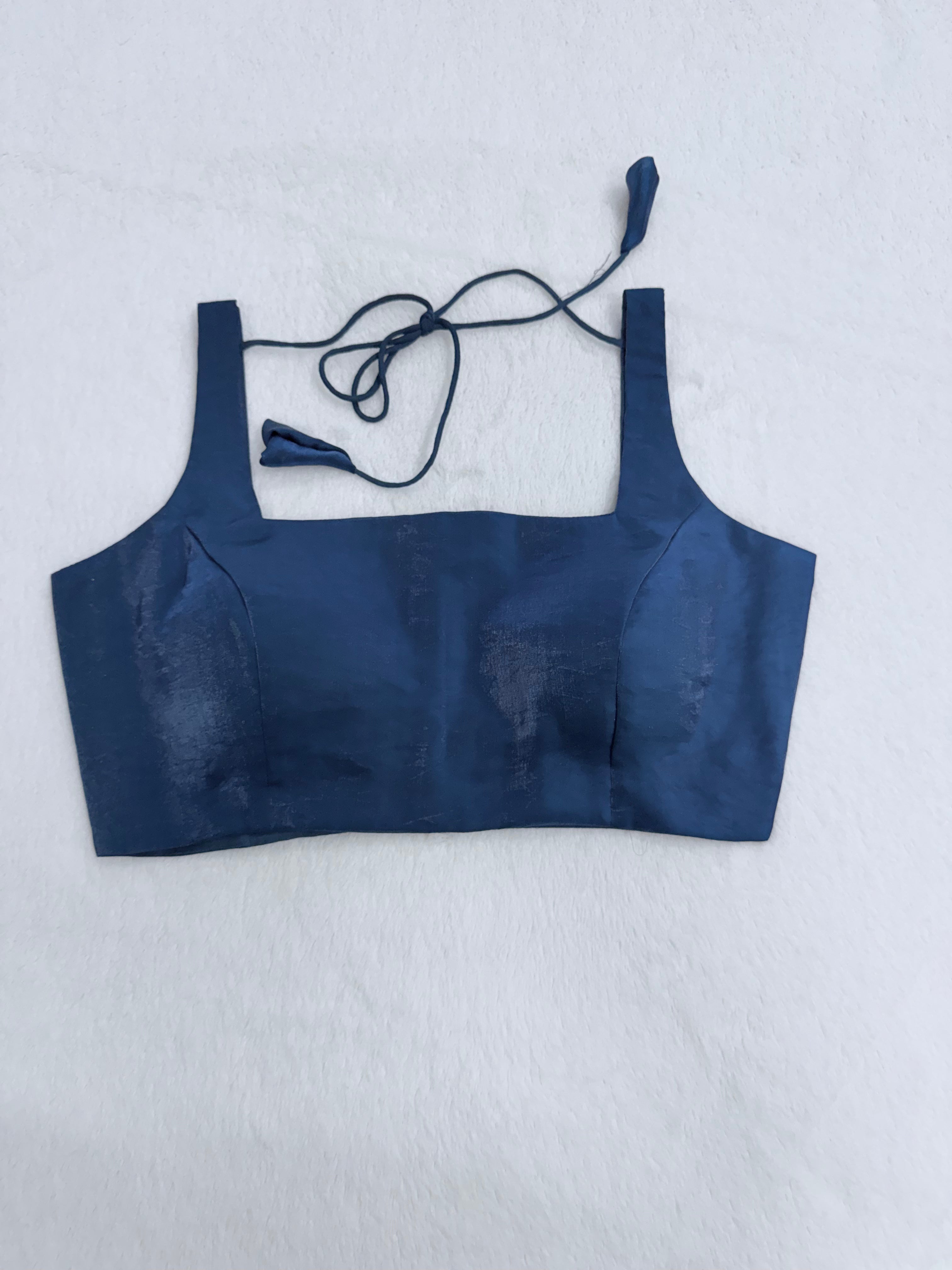 Teal blue organza sleeveless padded blouse with square neckline, fully stitched ethnic wear