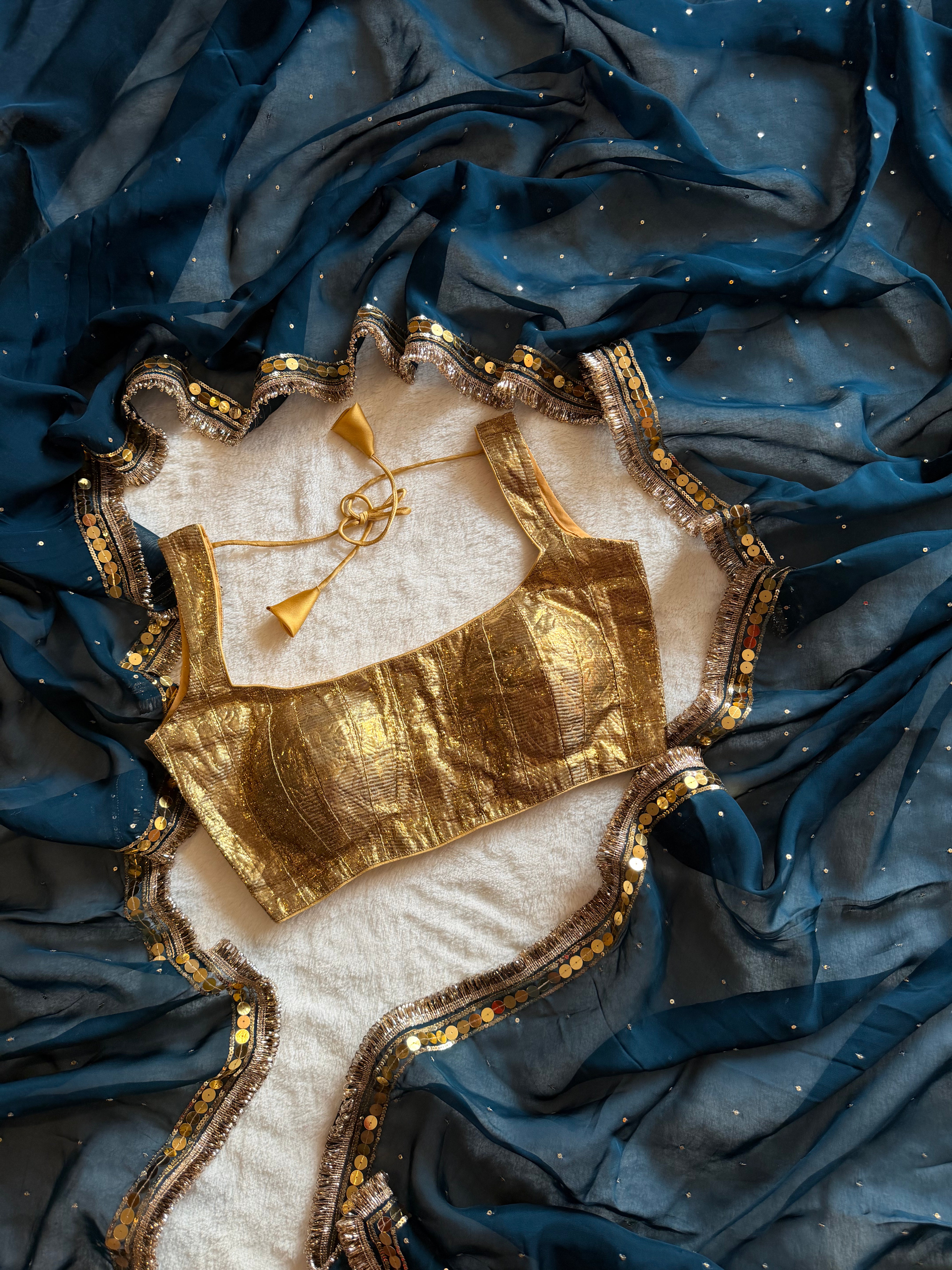 Teal Blue Soft Organza Handwork Saree with intricate hand embroidery