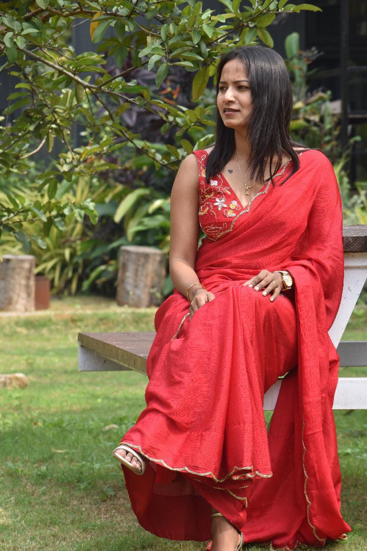 Roop Sundari Red Chinon Handwork Saree With Blouse