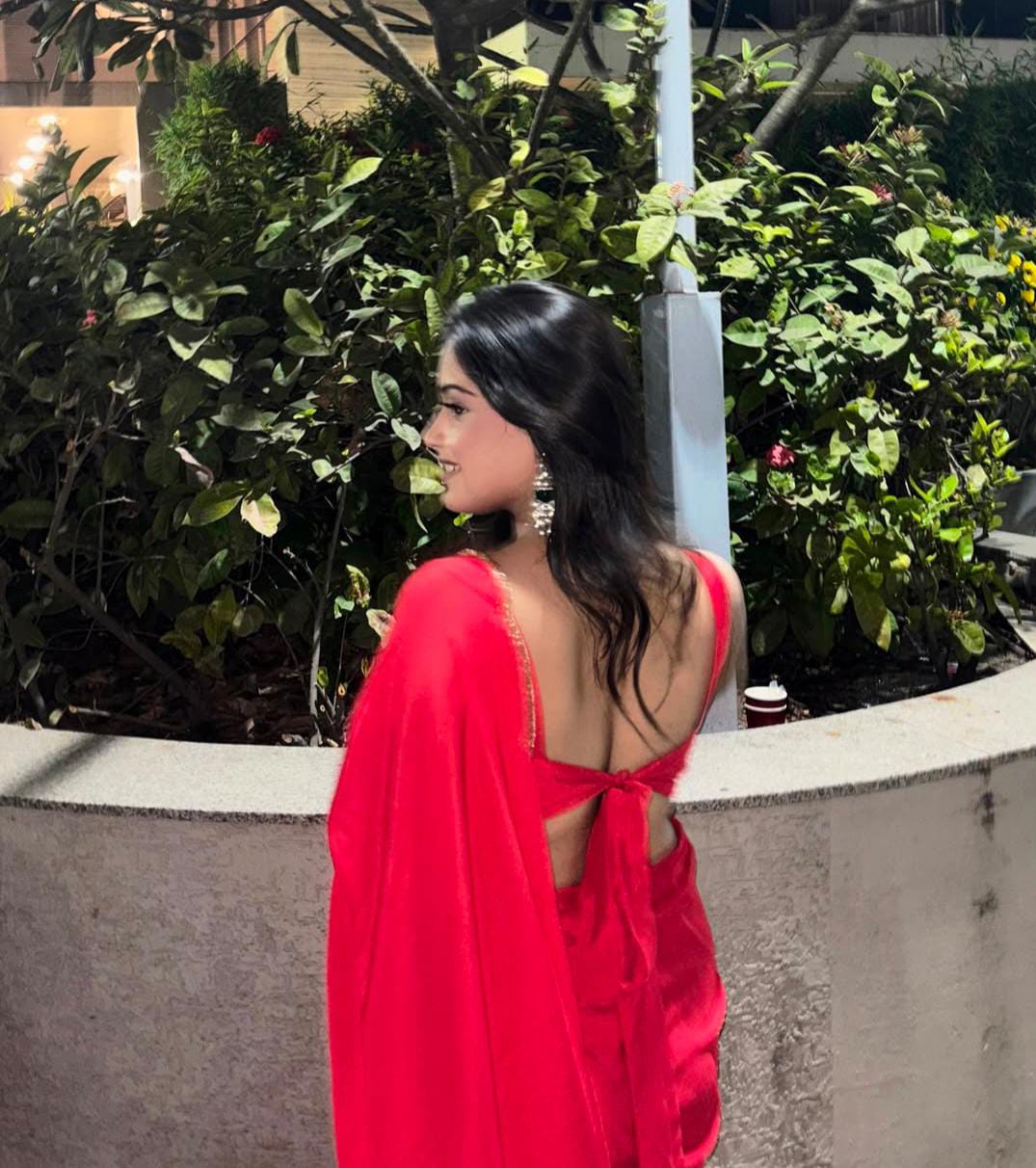 Roop Sundari Red Chinon Handwork Saree With Blouse