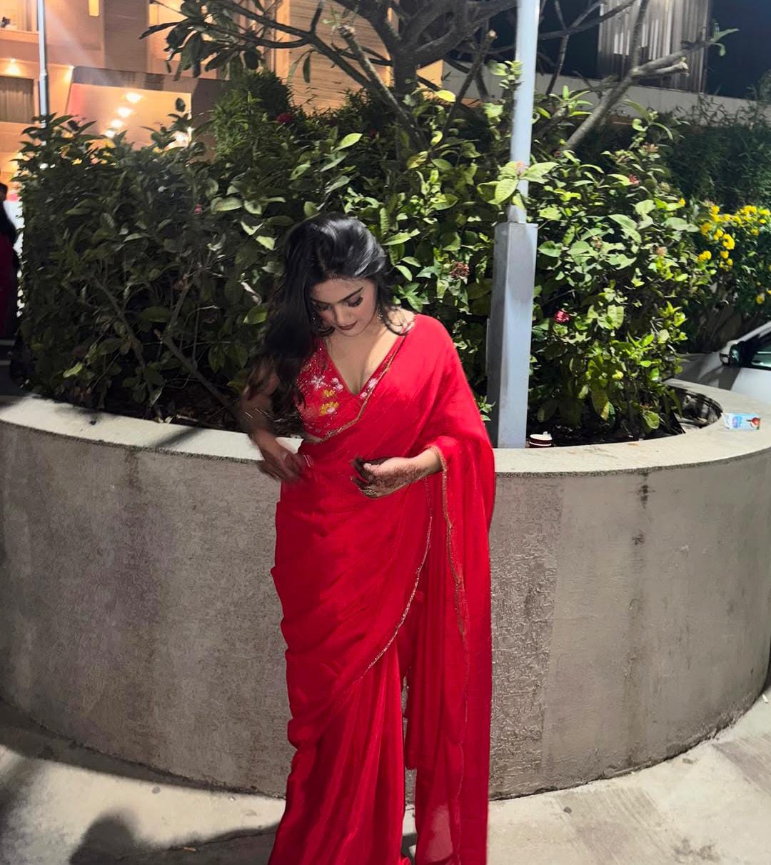 Roop Sundari Red Chinon Handwork Saree With Blouse