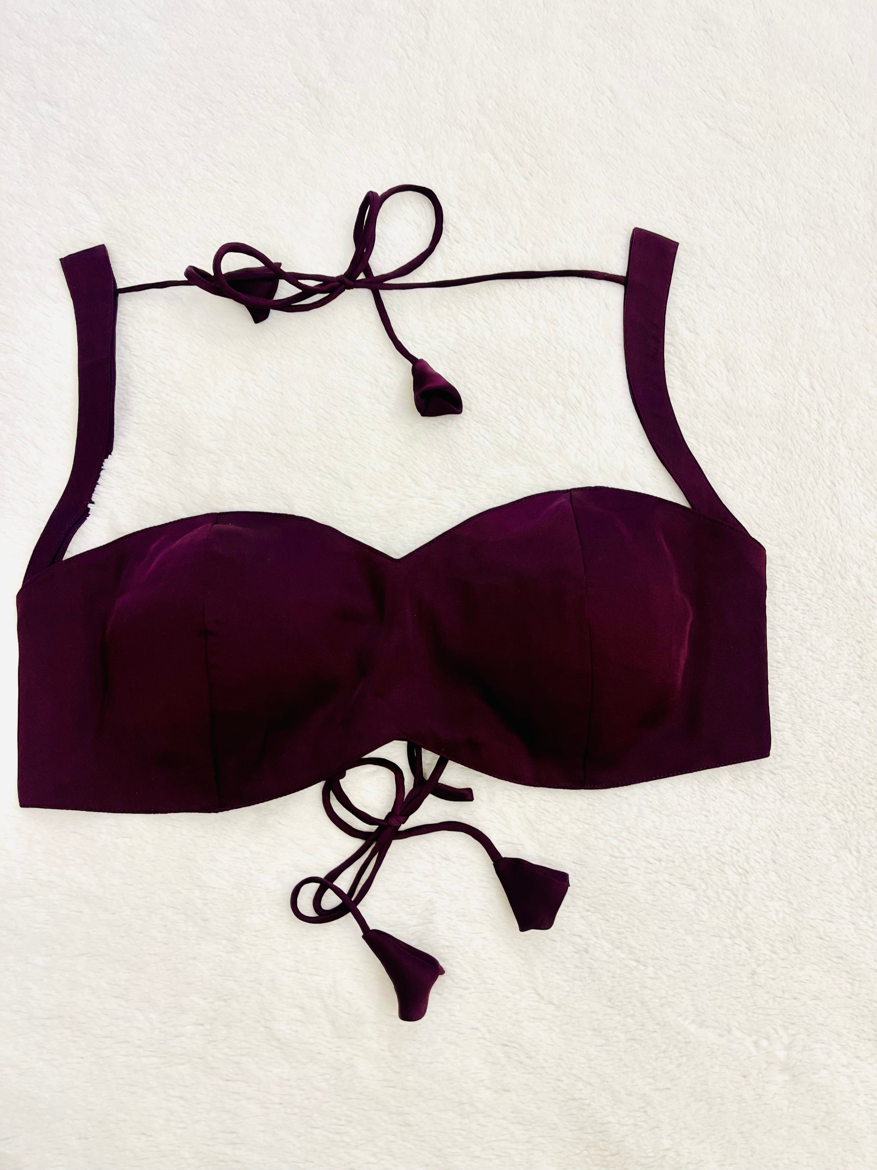 Wine Satin Fully Stitched Padded Sleeveless Sweetheart Neck Blouse for Women