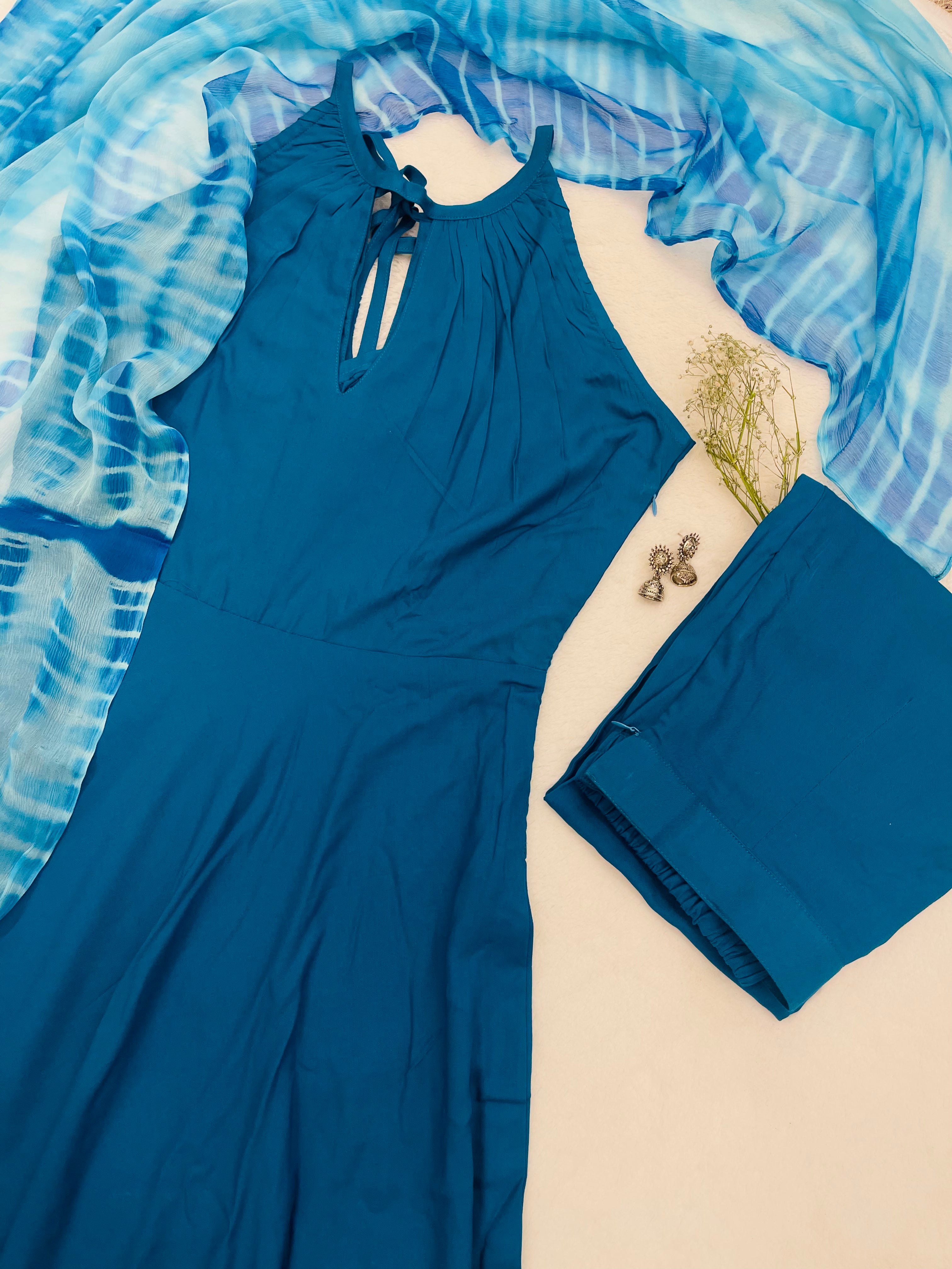 Surkh Teal Blue Rayon Gown Set