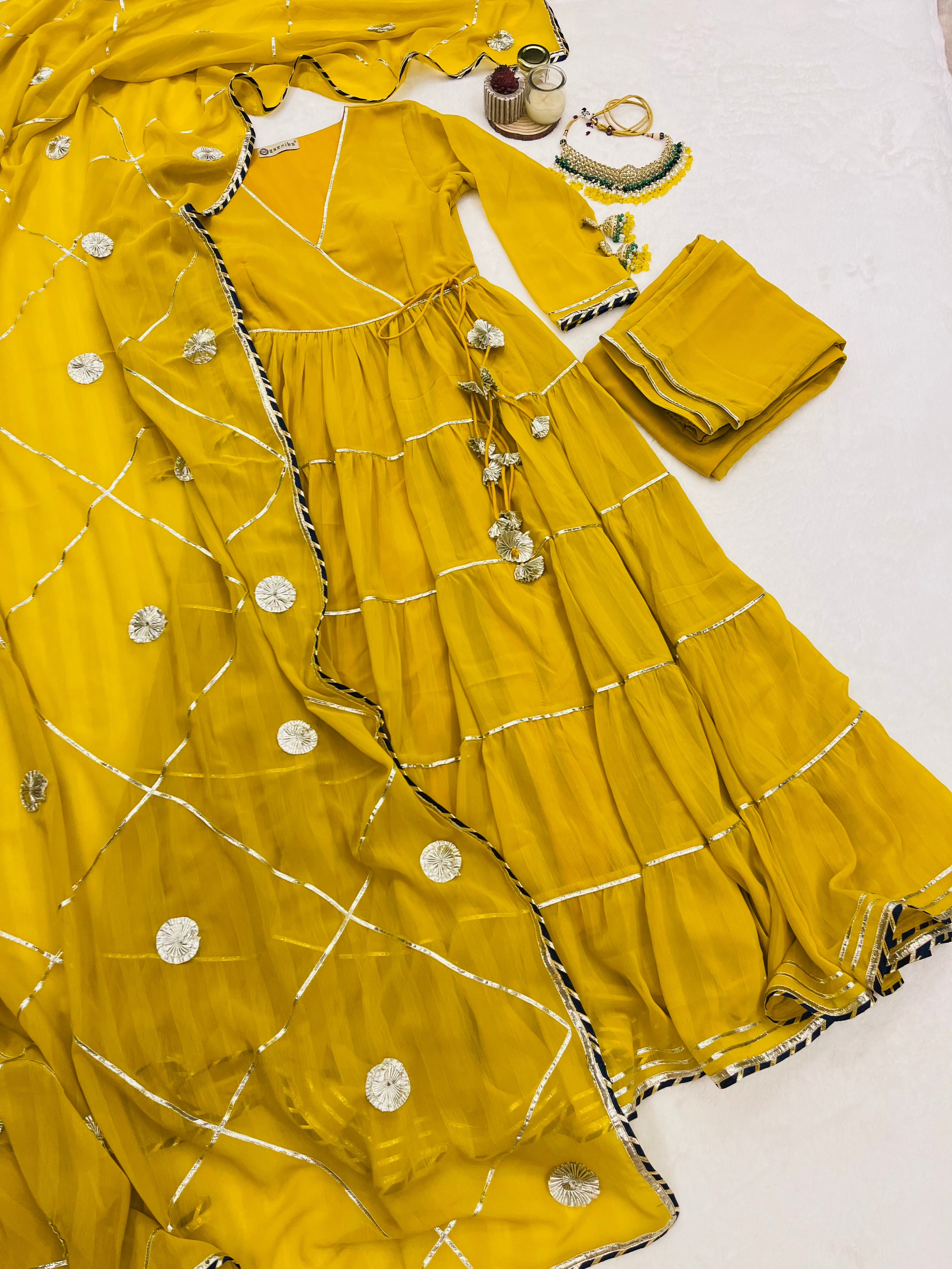 Mustard yellow gotta work anarkali set