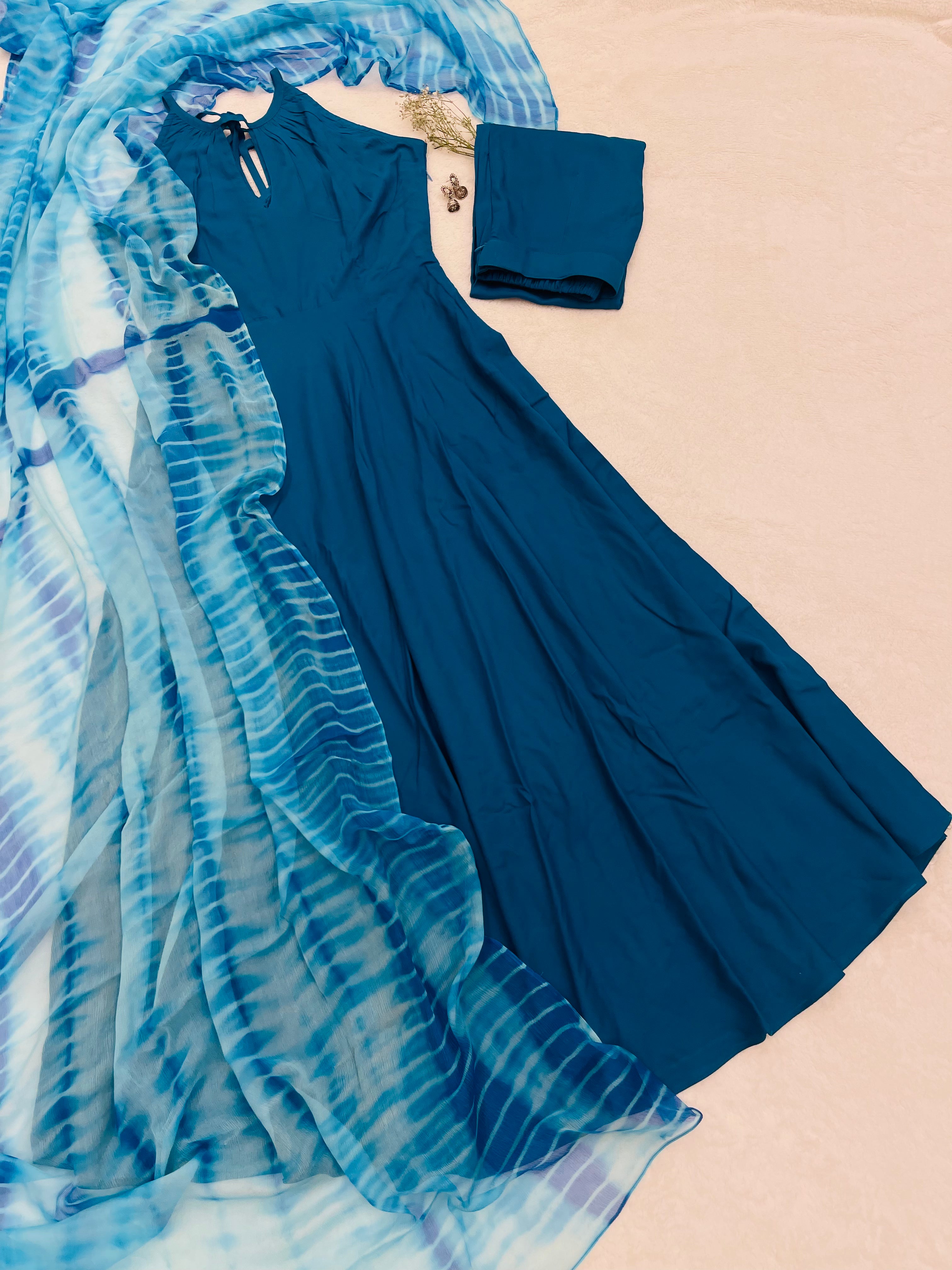 Surkh Teal Blue Rayon Gown Set