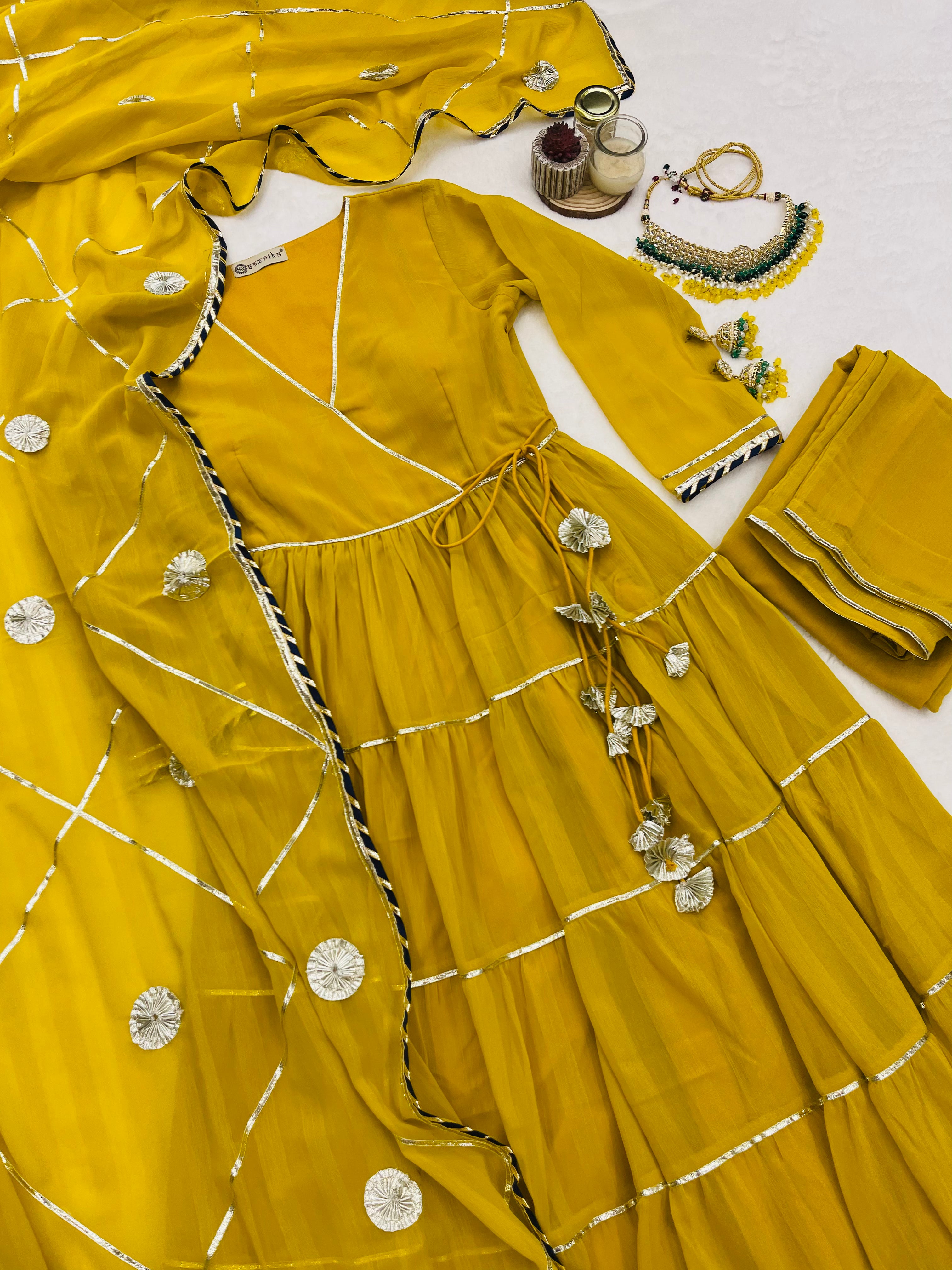 Mustard yellow gotta work anarkali set