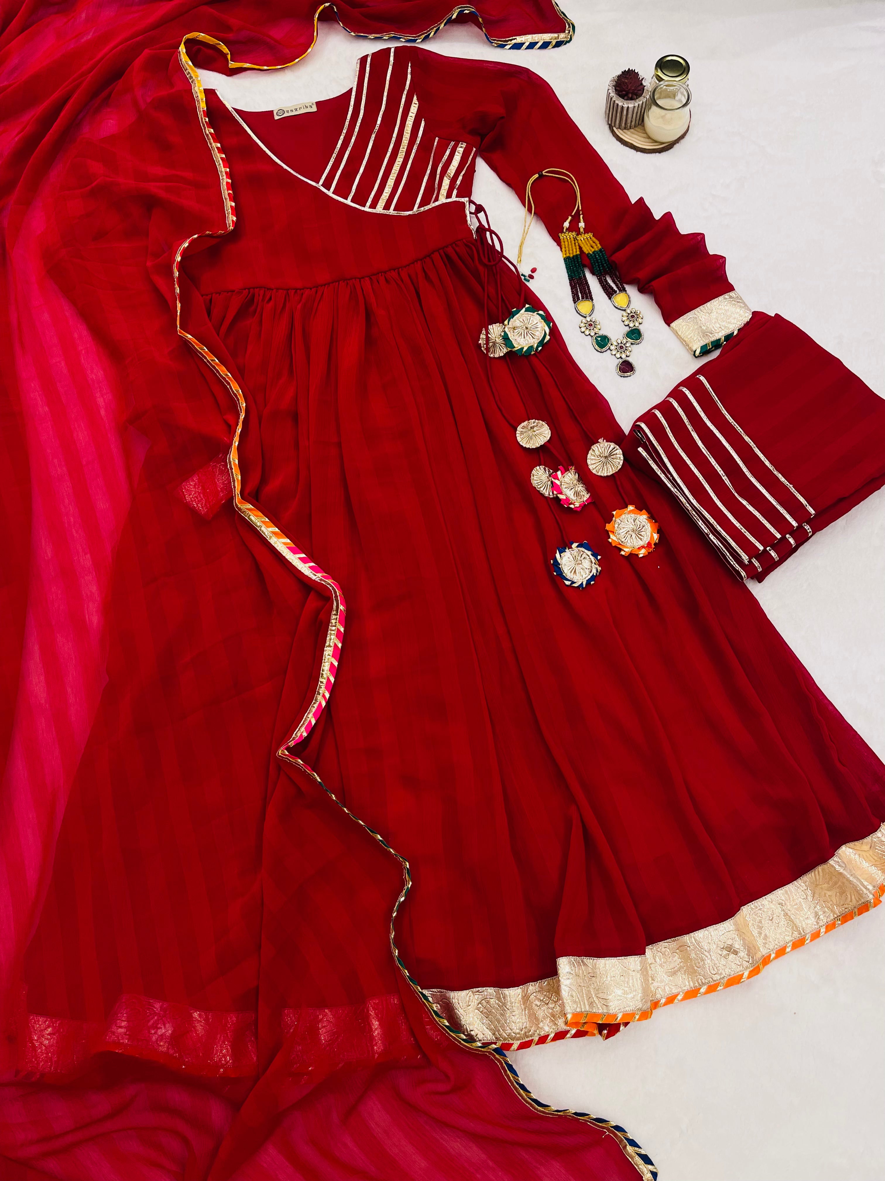 Maharani maroon gotta work anarkali set