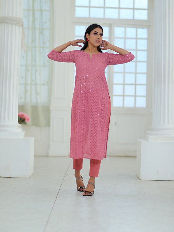 Pink Chikankari Work Kurti