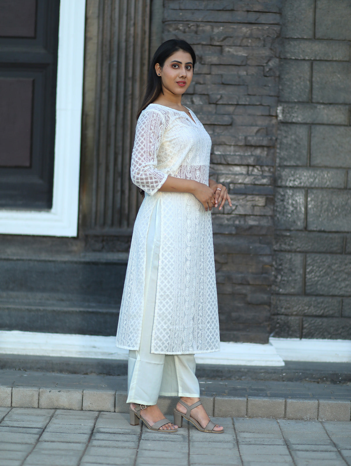 Off White Chikankari Work Kurti