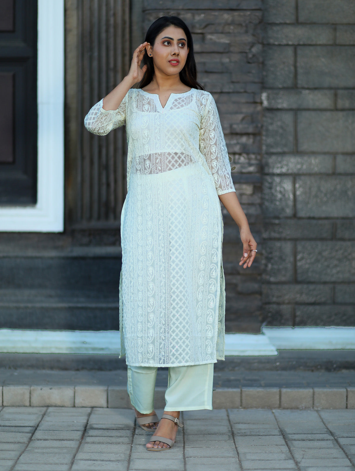 Off White Chikankari Work Kurti